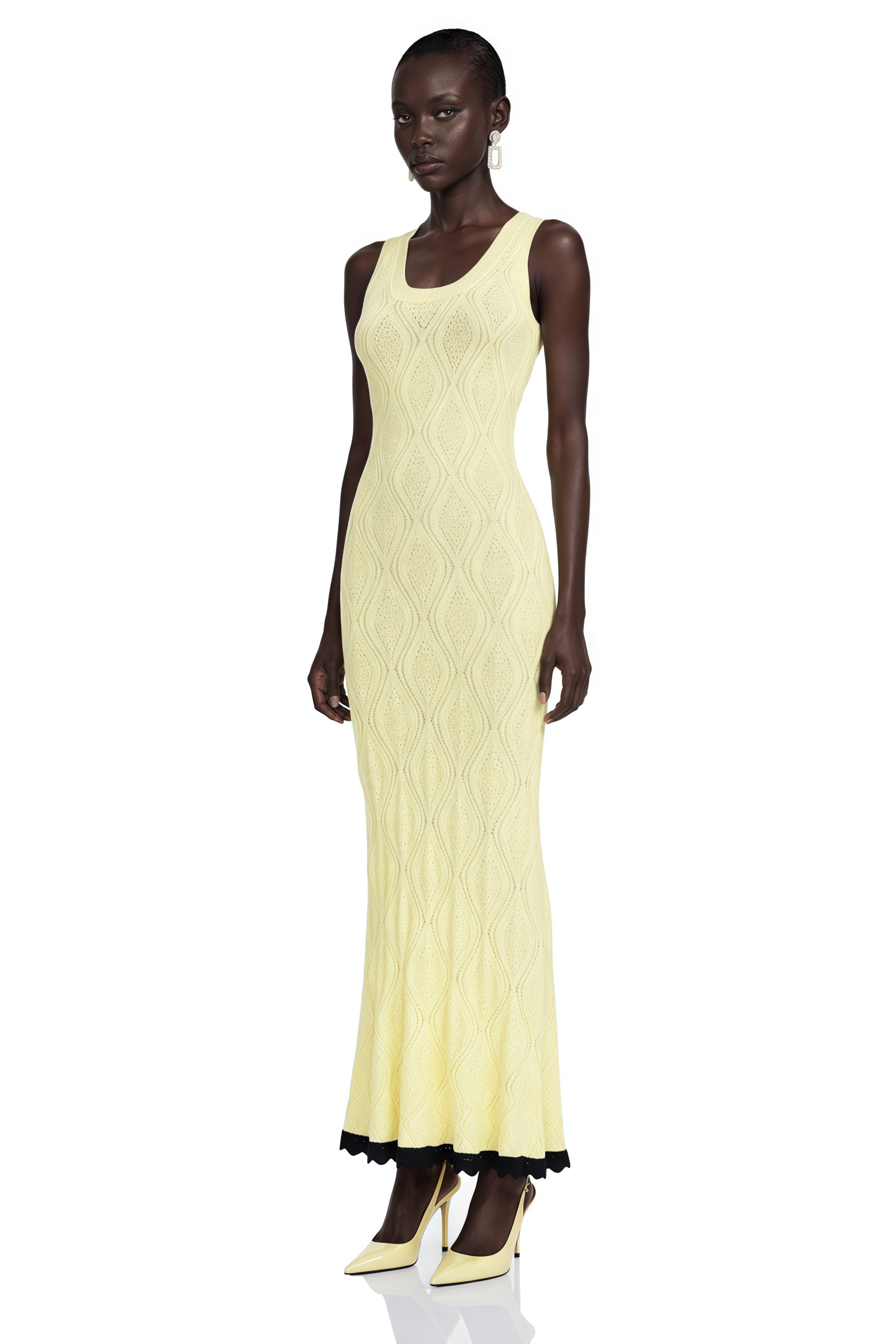 Vale Yellow U-Neck Maxi Dress with Lace Trim