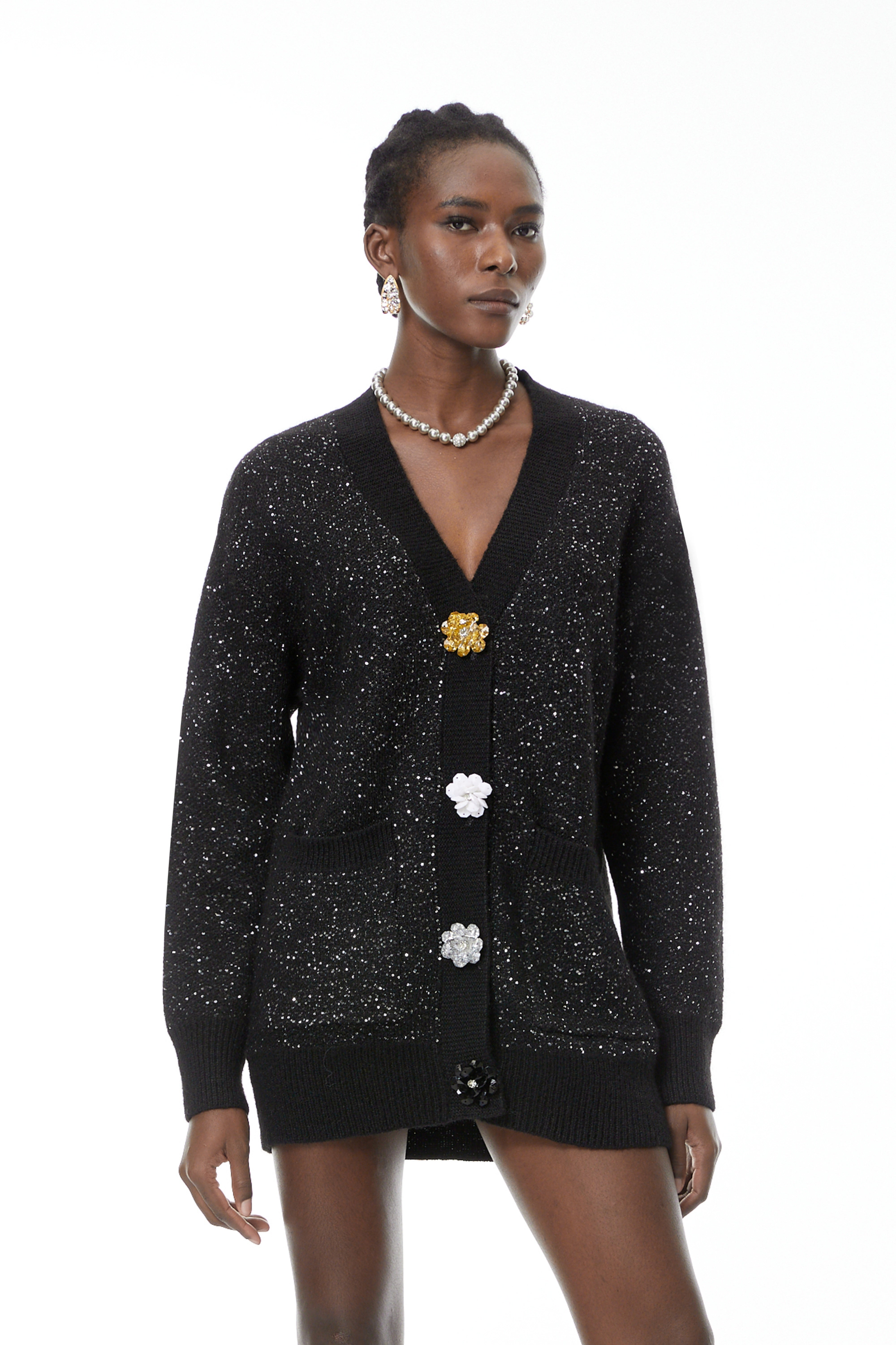 Valérie Black Knit Cardigan with Floral Buttons