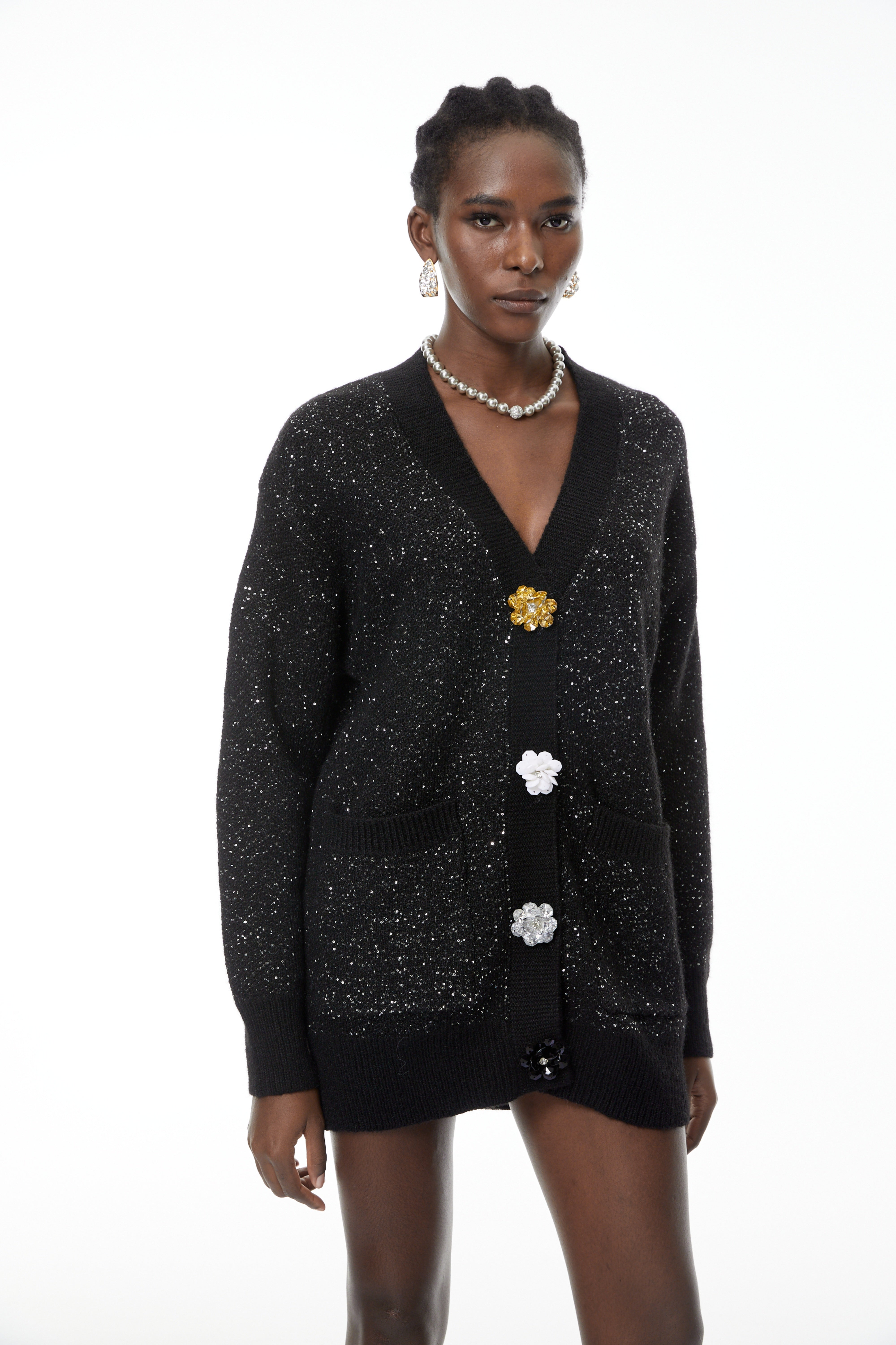 Valérie Black Knit Cardigan with Floral Buttons
