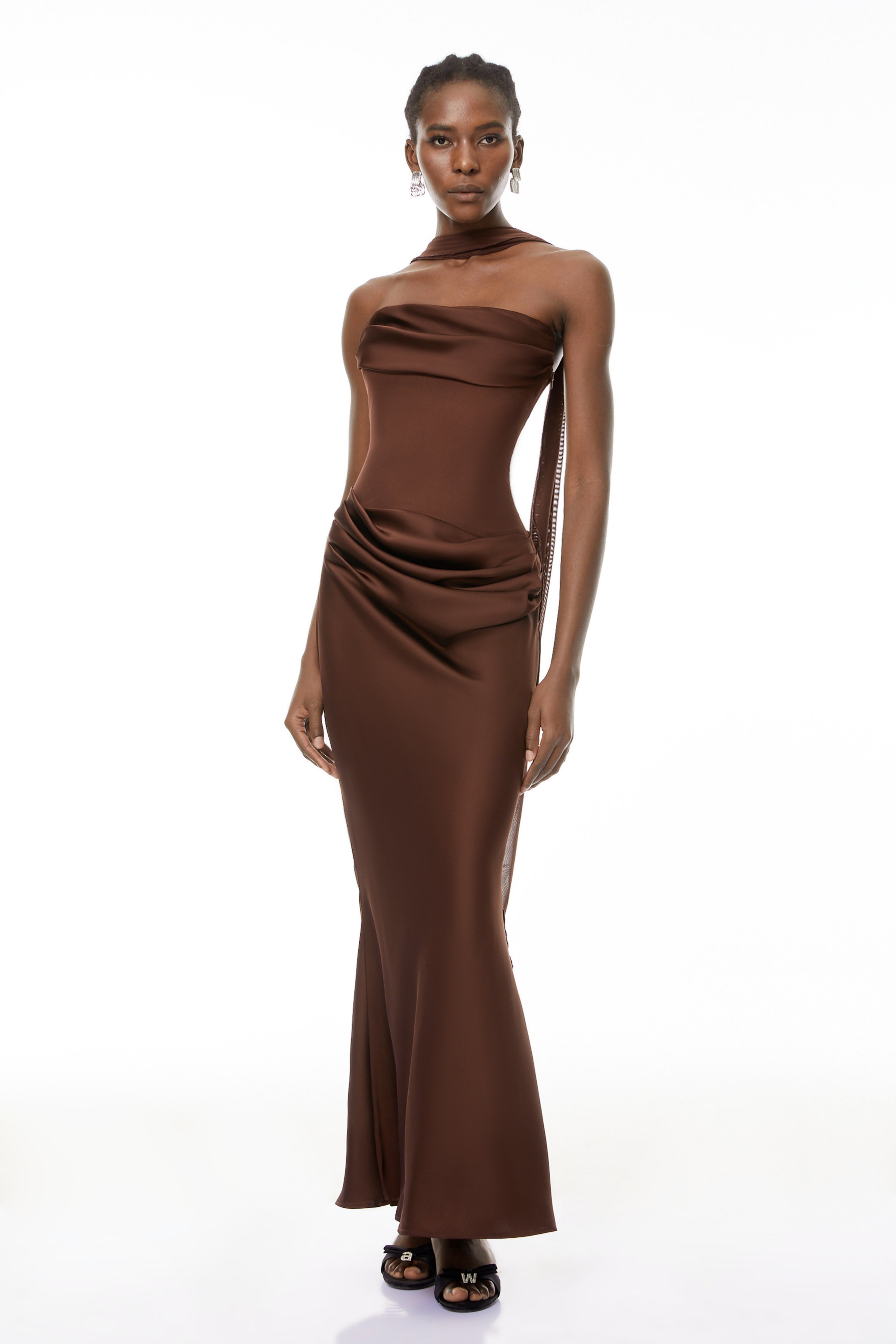 Vedette Brown gerafftes Korsett-Maxikleid (ohne Handschuhe)