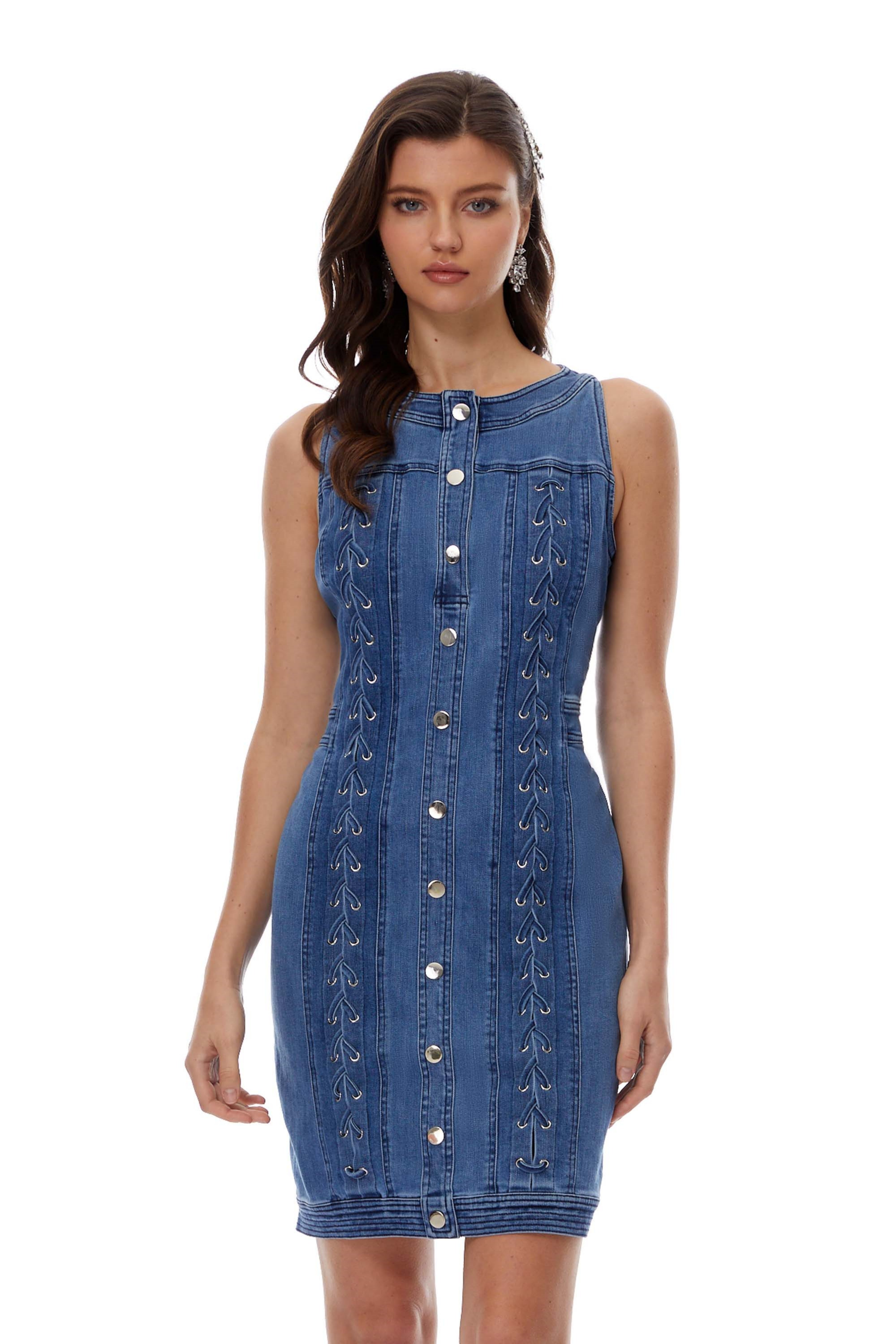 Veronika Blue Lace-Up Design Denim Mini Dress