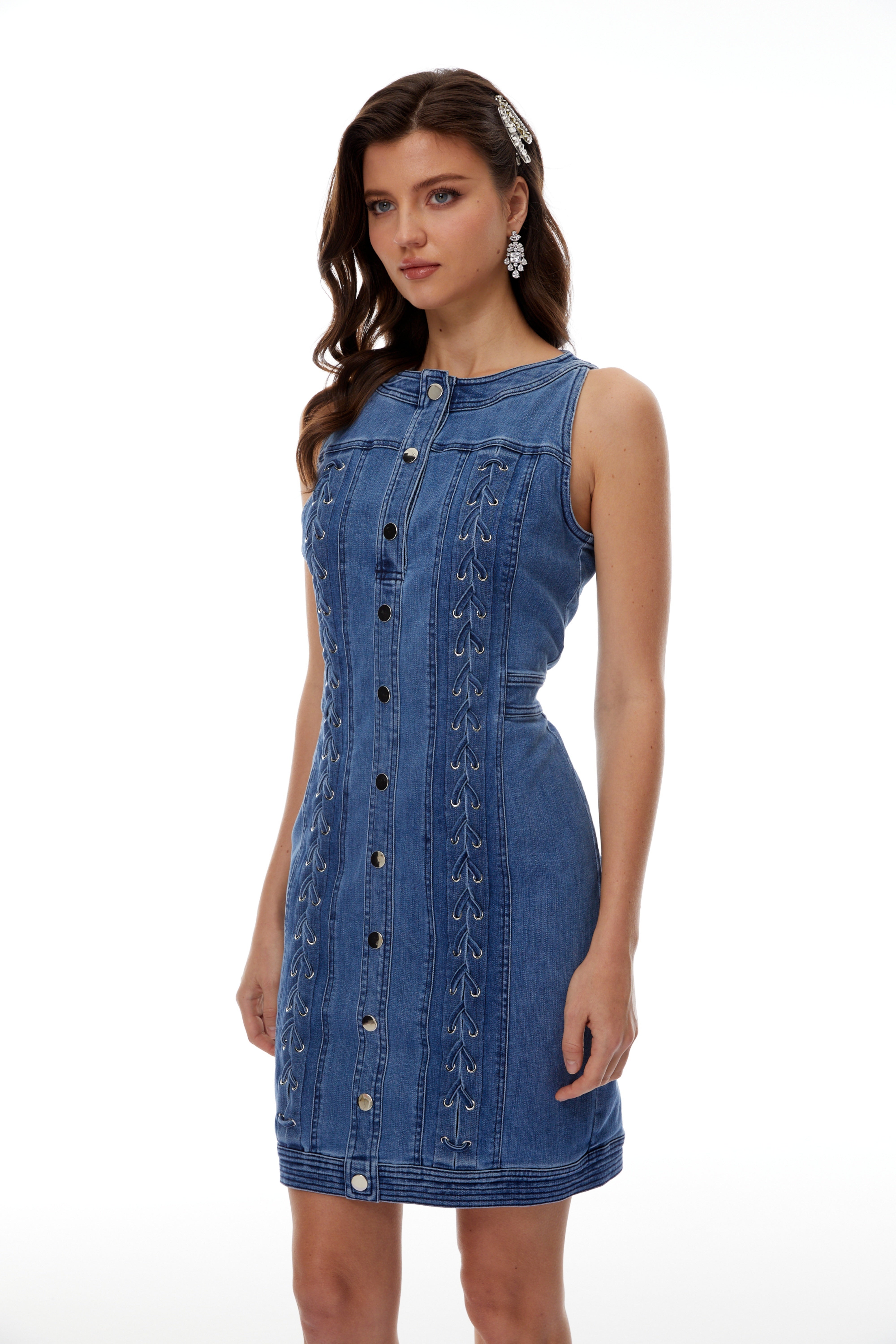Veronika Blue Lace-Up Design Denim Mini Dress
