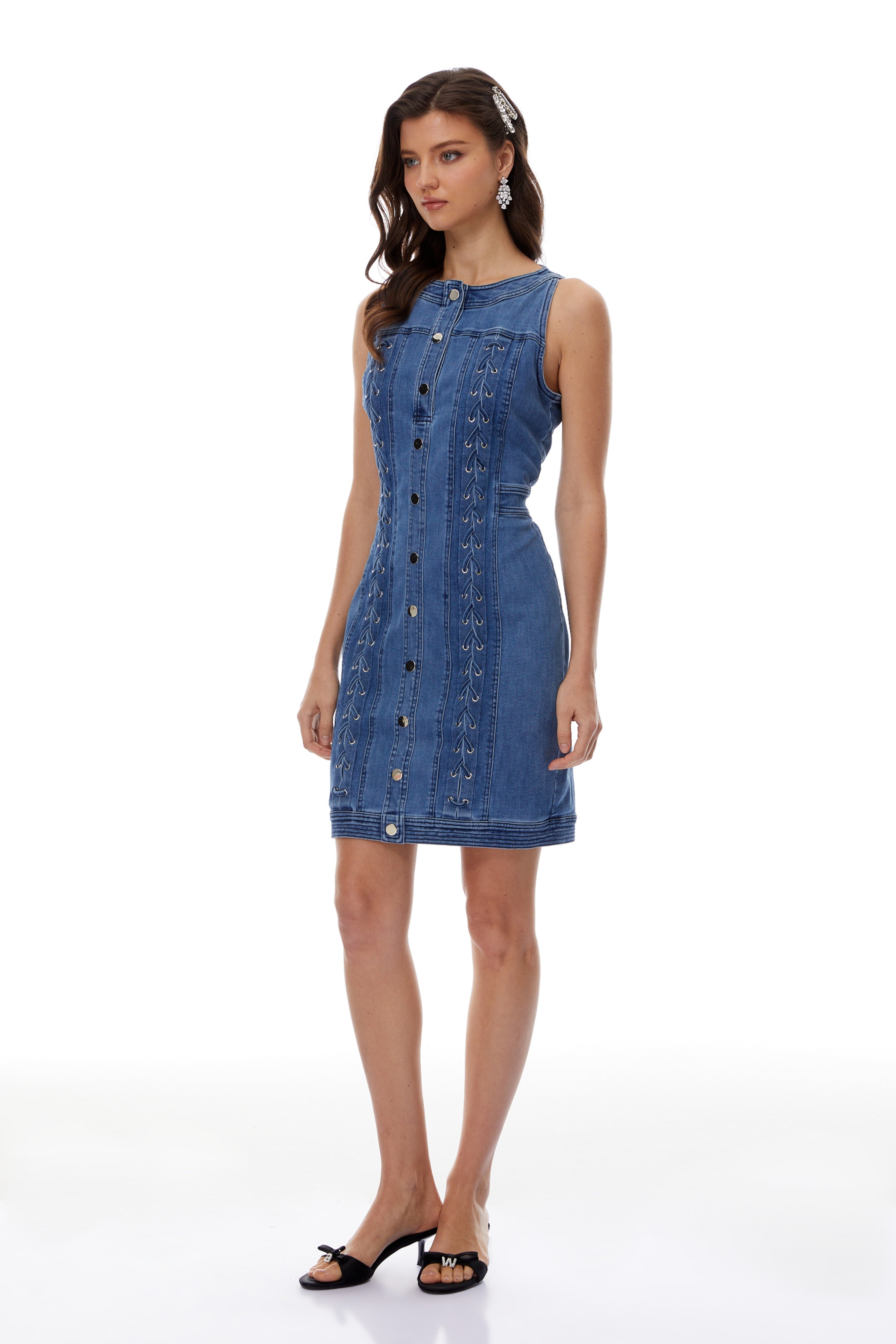 Veronika Blue Lace-Up Design Denim Mini Dress