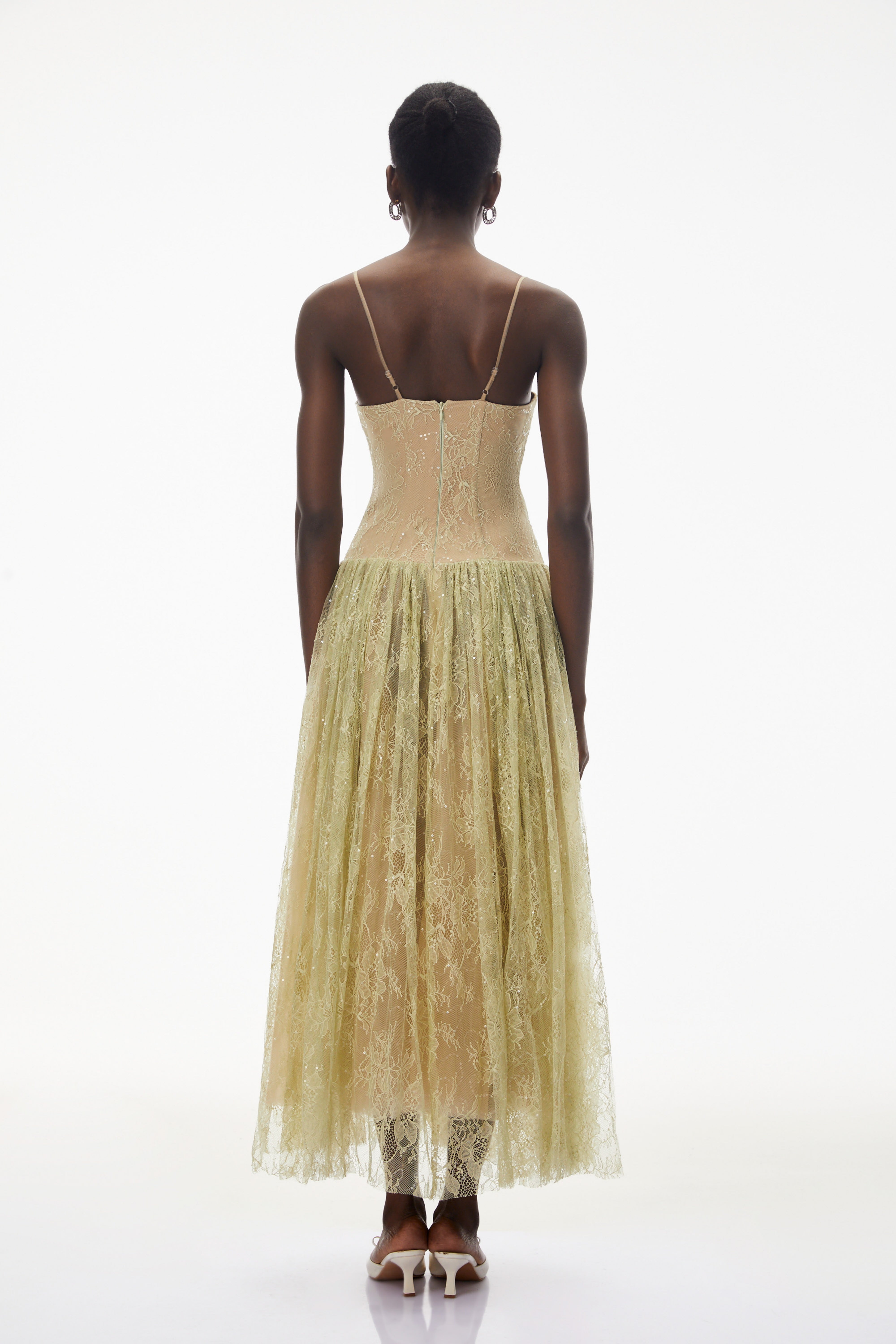 Robe longue en tulle à fleurs et dentelle verte Severine