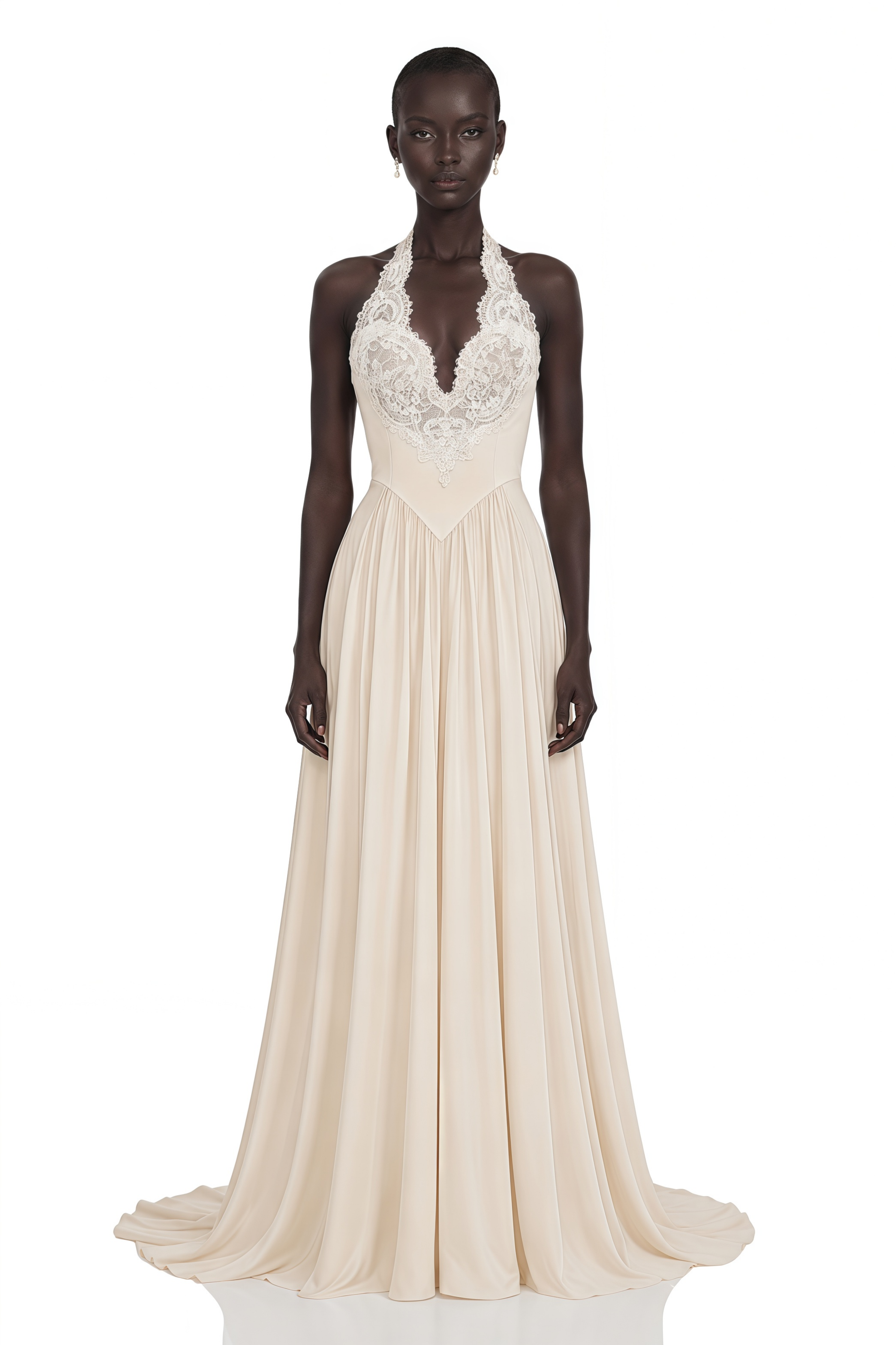 Robe longue en satin à col en V et traîne « Véronique Champagne »