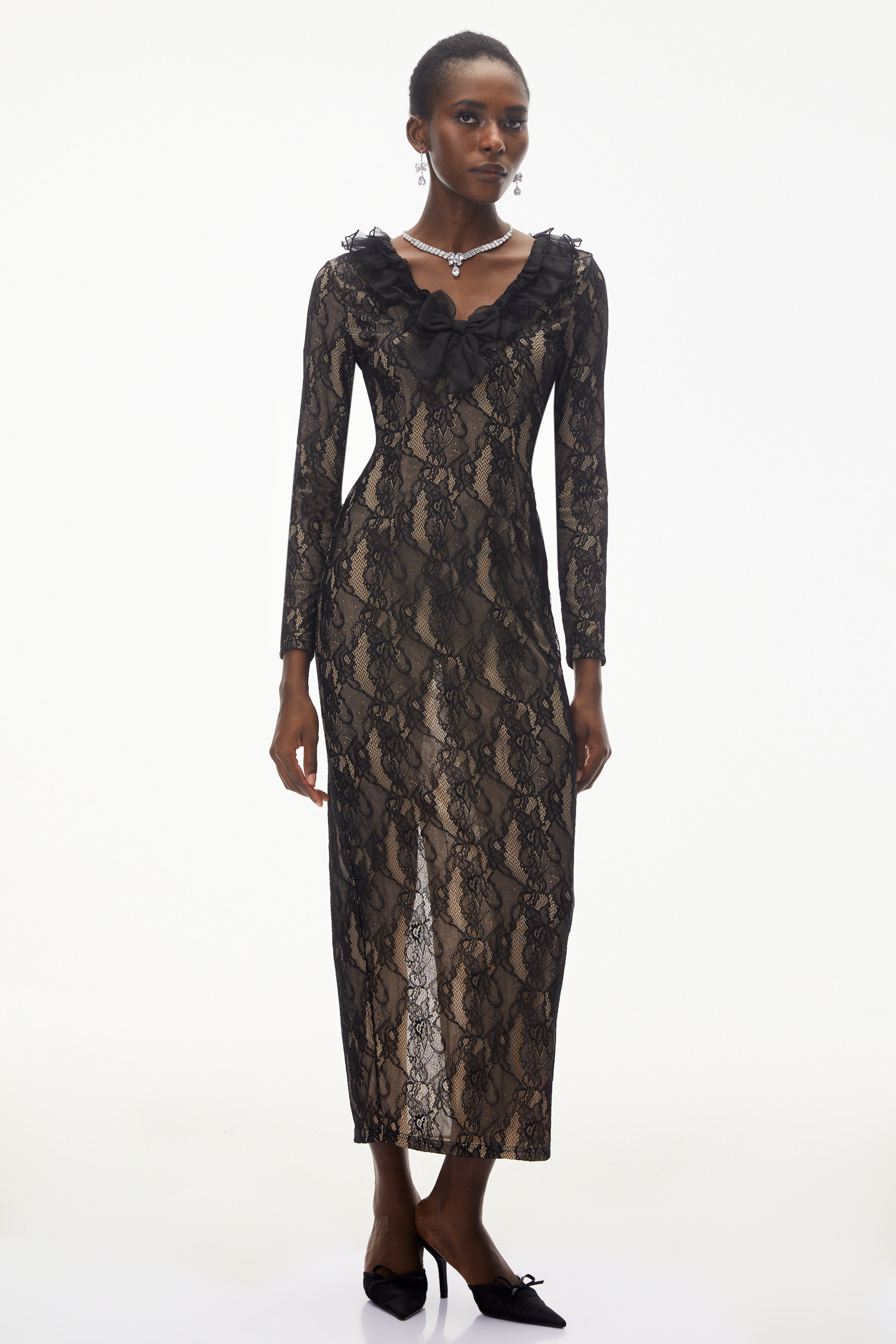 Vesna Black Ruffled Lace Midi Dress