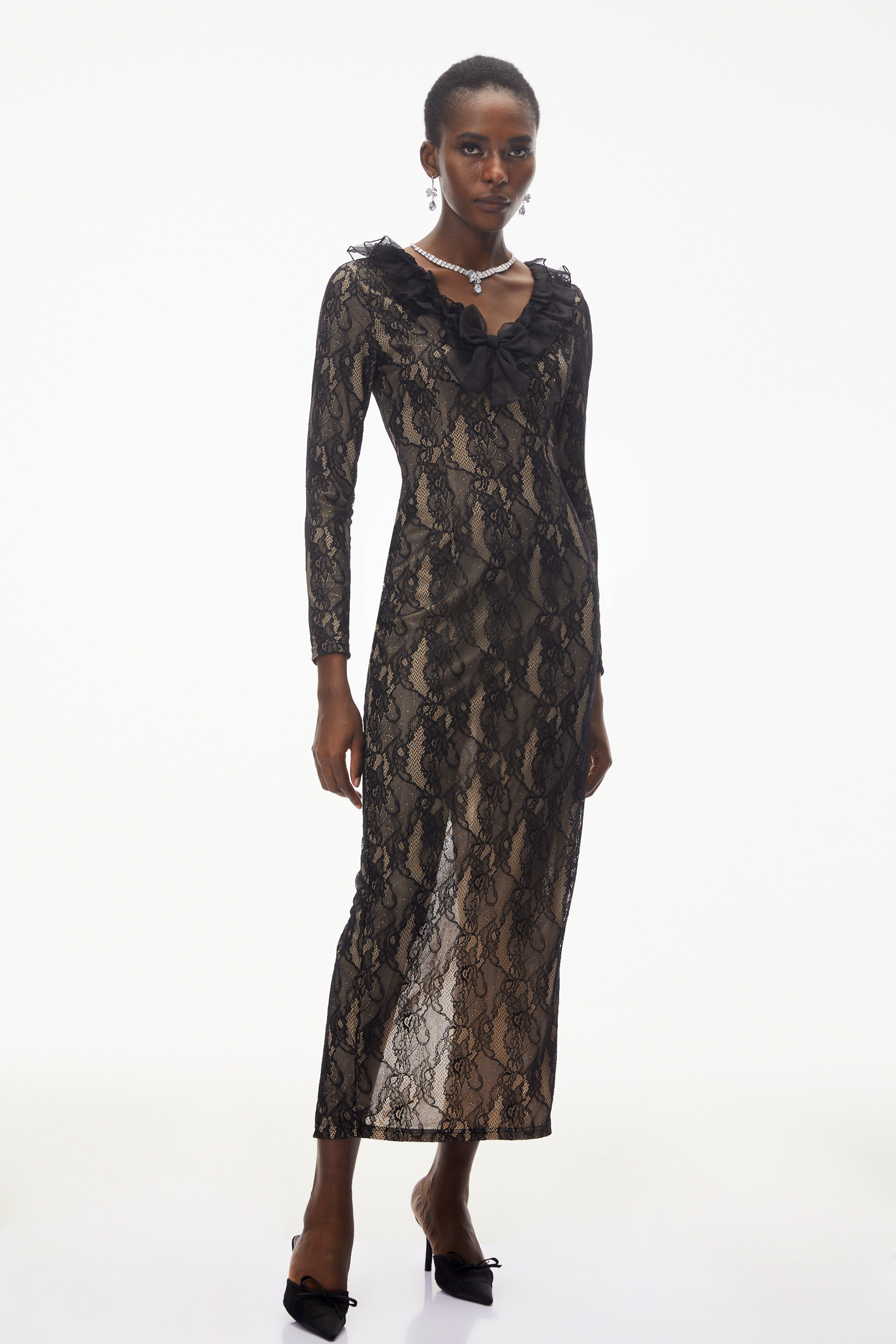 Vesna Black Ruffled Lace Midi Dress