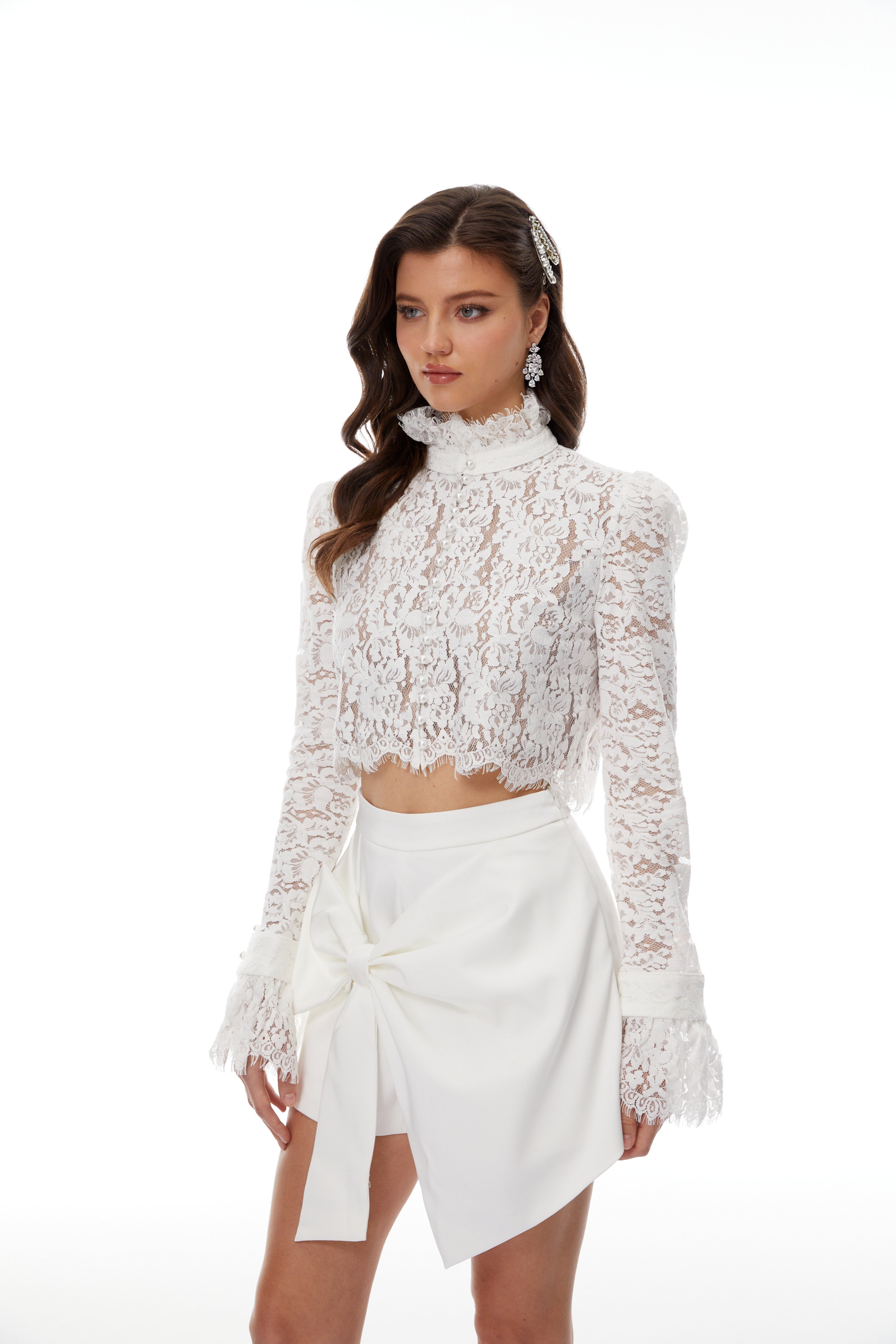 Vesper White High NeckLace Blouse & Skirt Co-ord Set