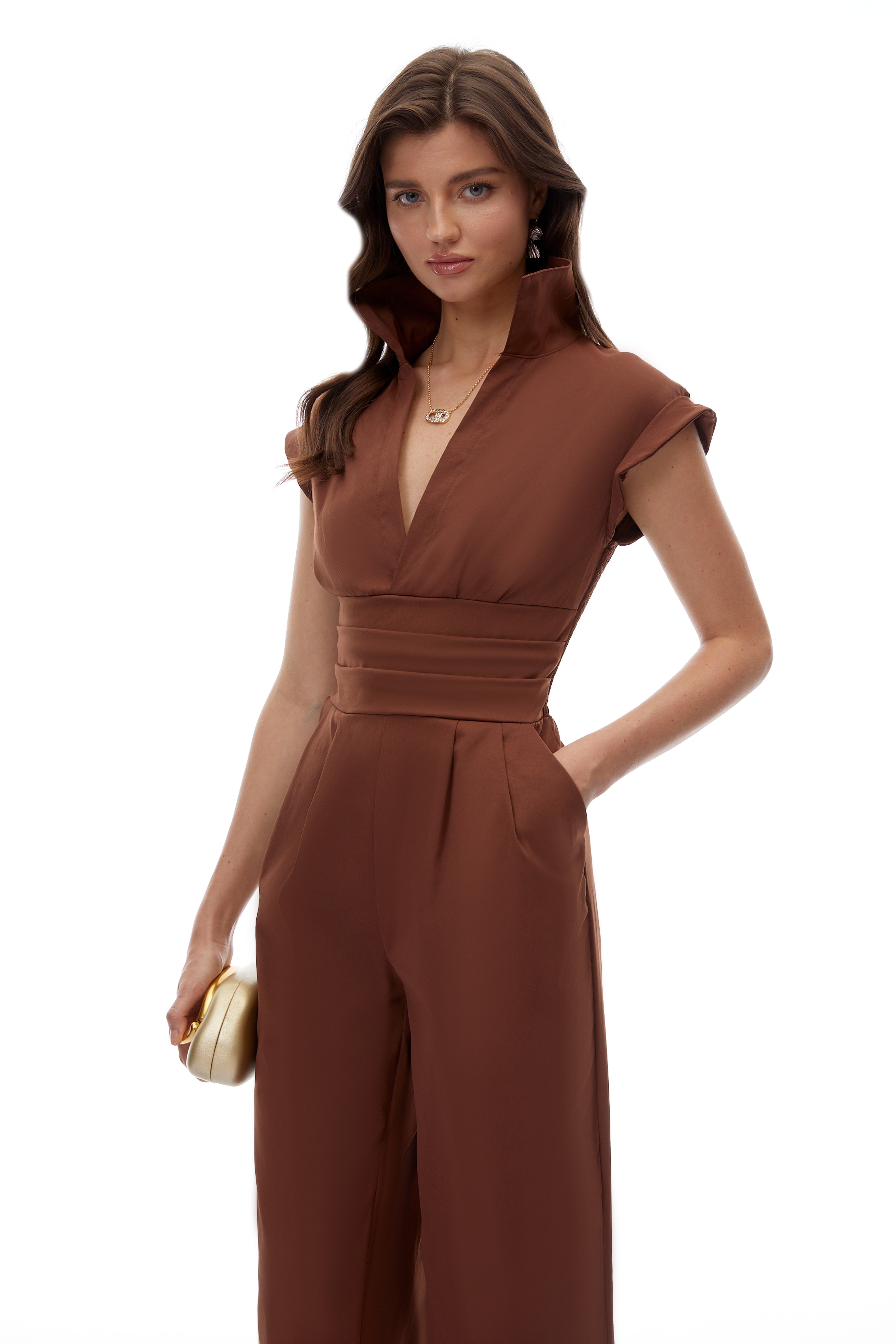 Victoire Chocolate Brown Plunge Neck Collared Jumpsuit