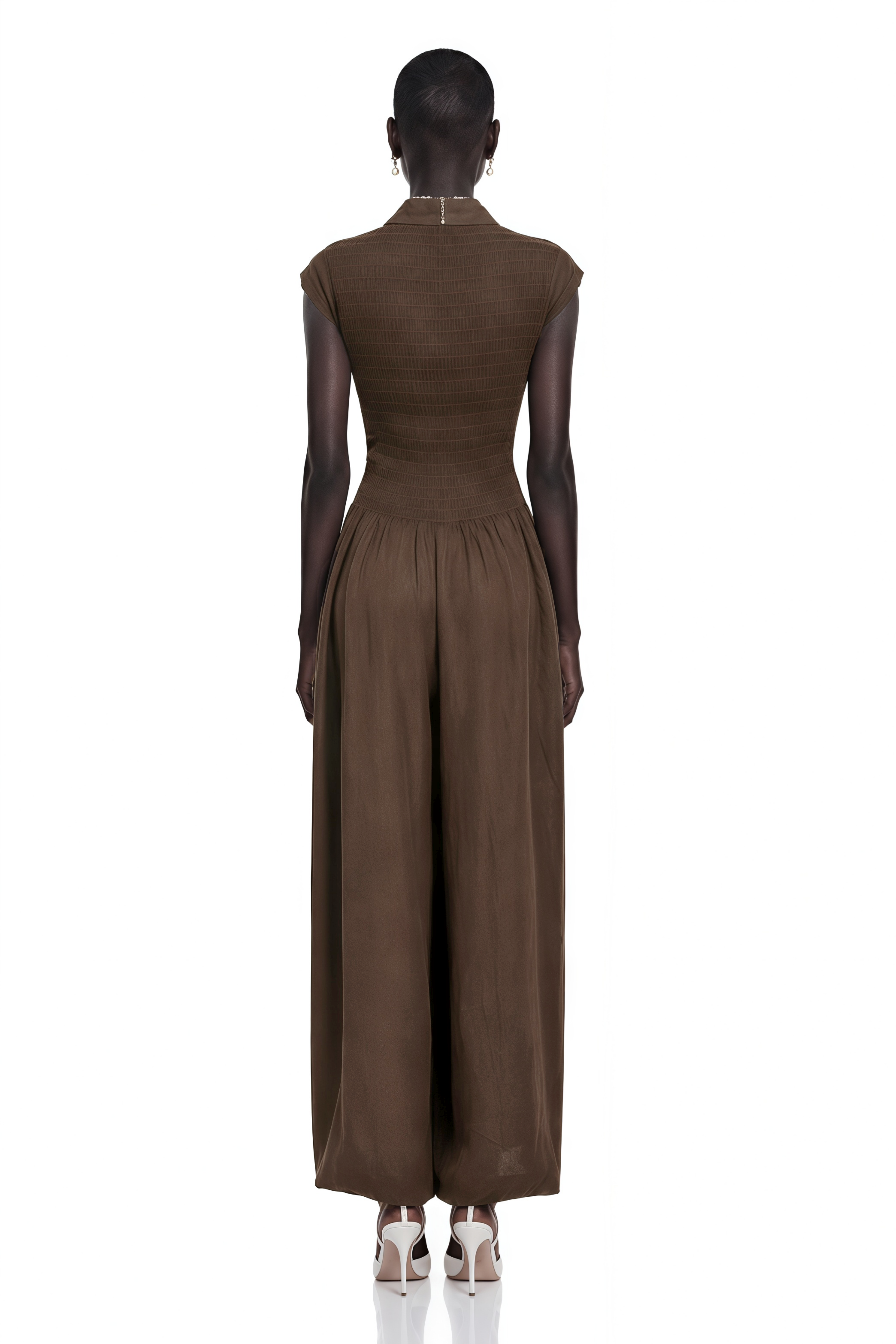 Victoire Chocolate Brown Plunge Neck Collared Jumpsuit
