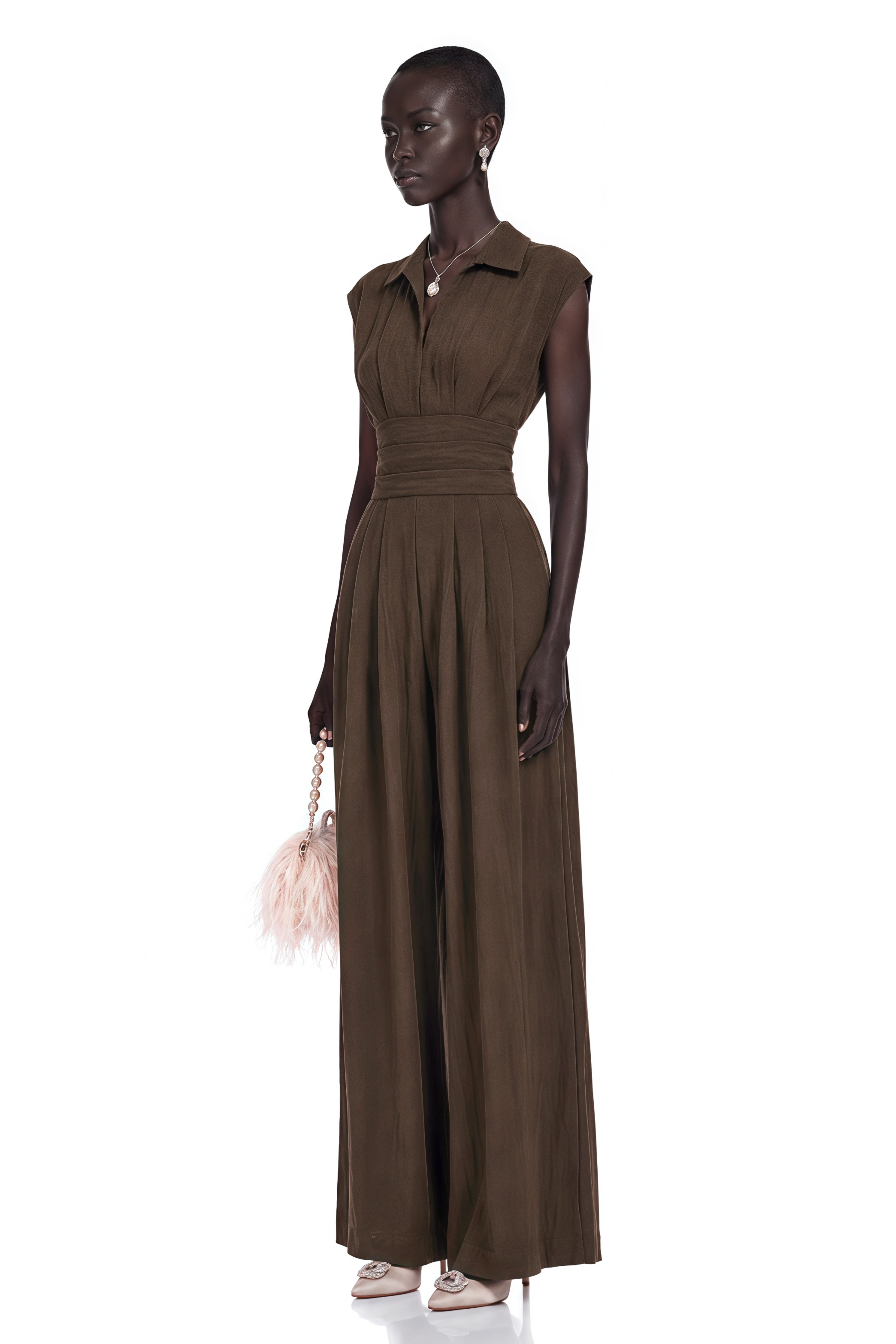 Victoire Chocolate Brown Plunge Neck Collared Jumpsuit