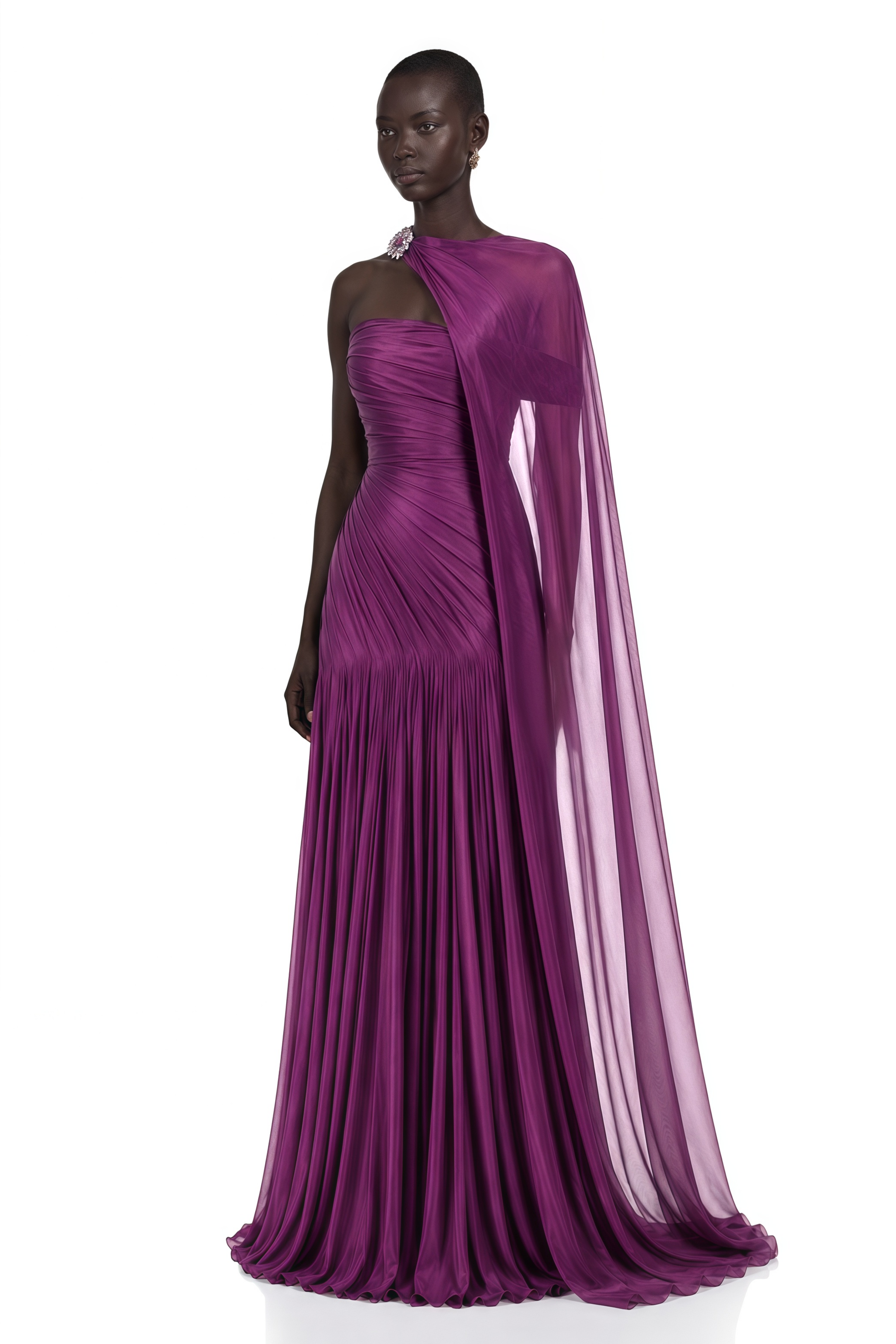 Victoire Plum Purple Asymmetric Draped Cape Maxi Gown