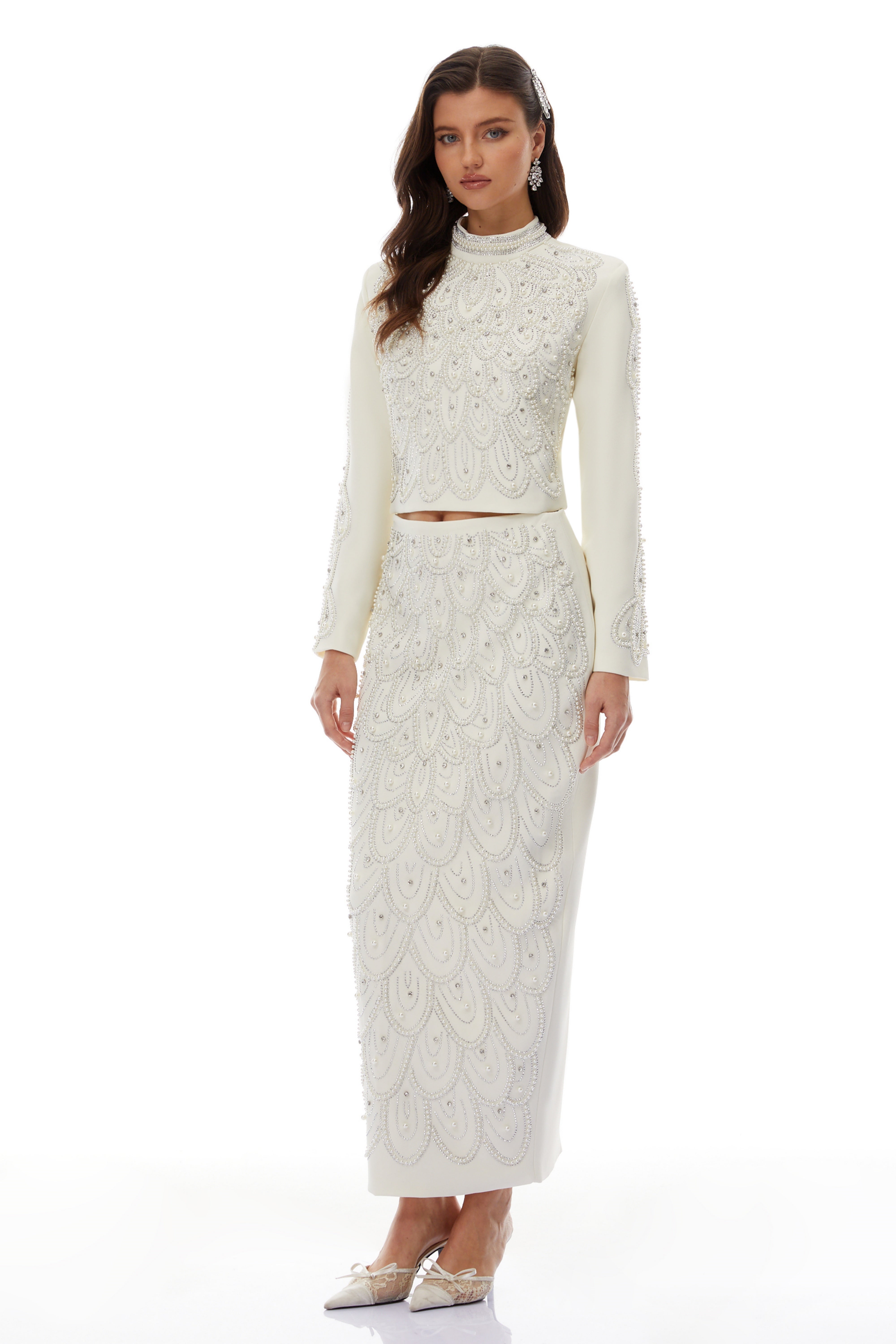 Vigdís White Bead Embellished Blouse & Skirt Set