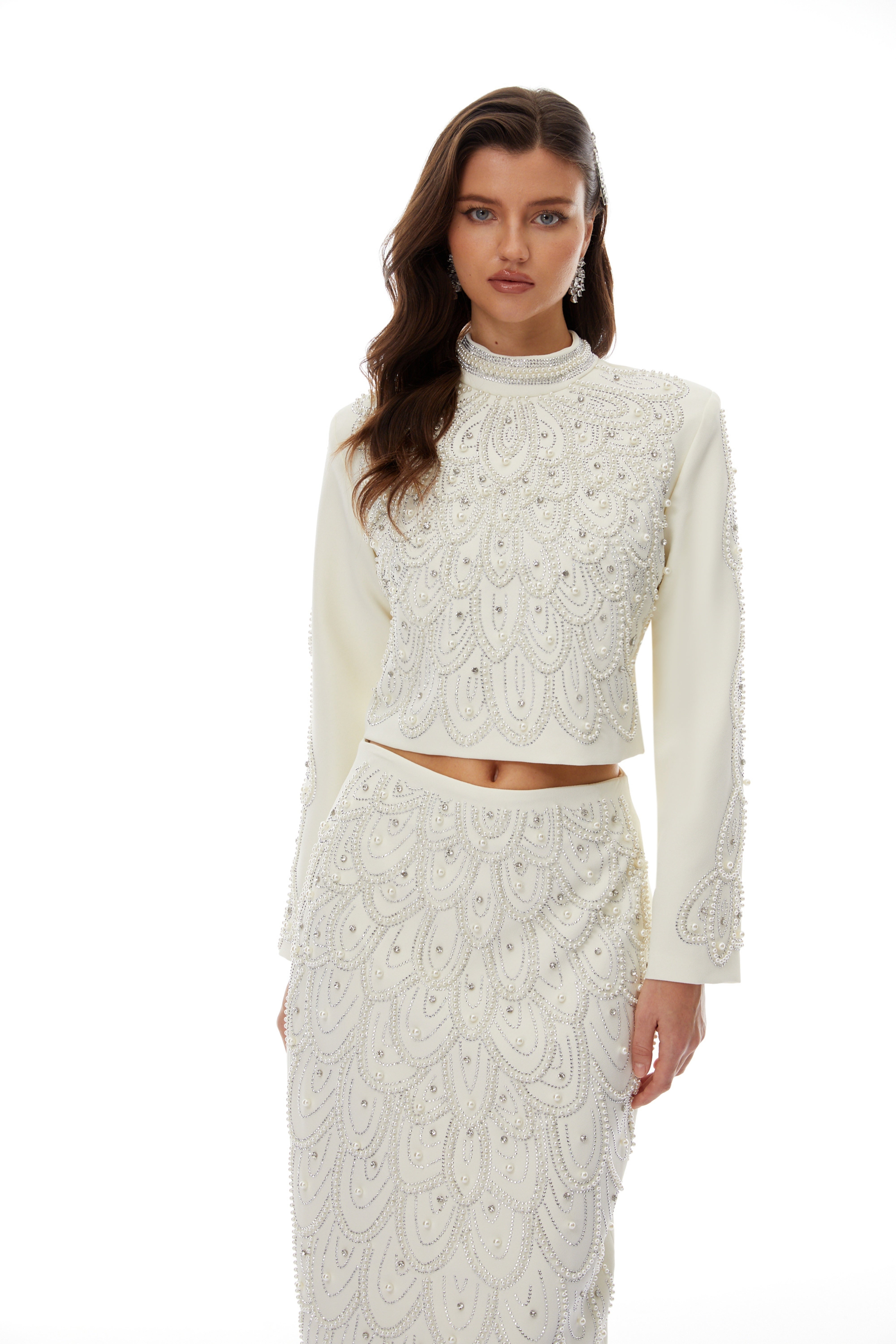 Vigdís White Bead Embellished Blouse & Skirt Set