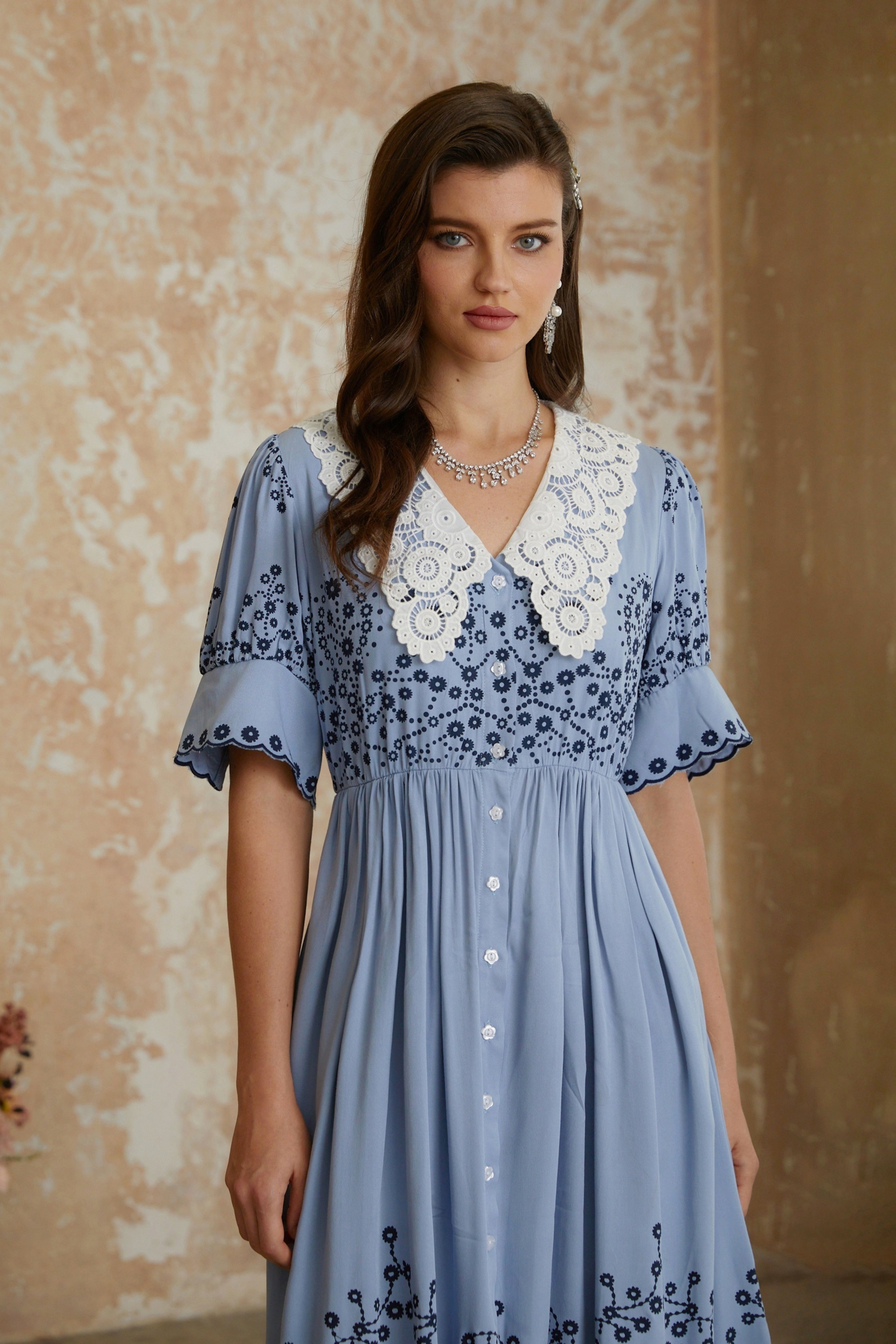 Violet Blue Floral Embroidered Midi Dress with Lace Lapels