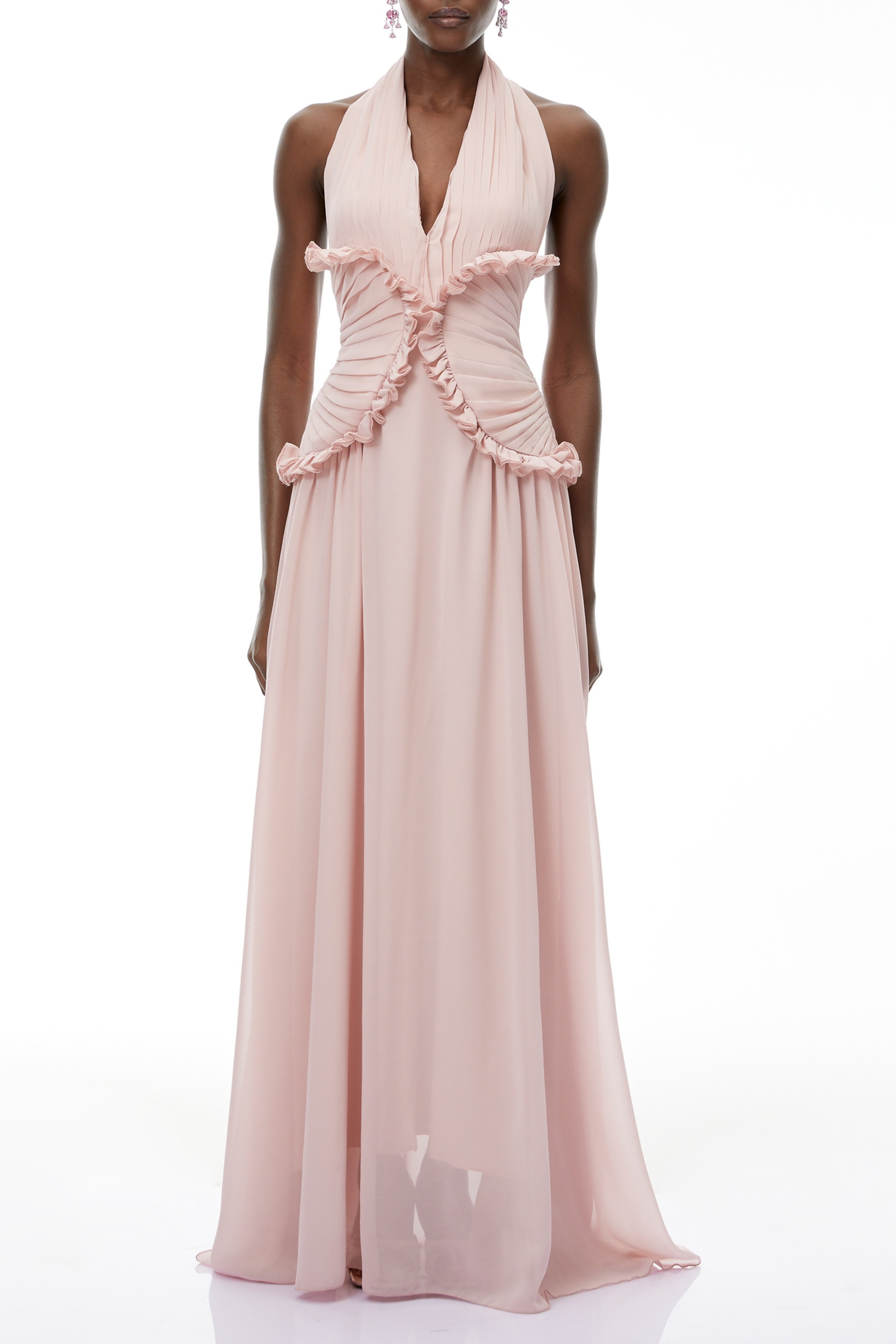 Violeta Pink Halterneck Backless Ruffled Maxi Dress