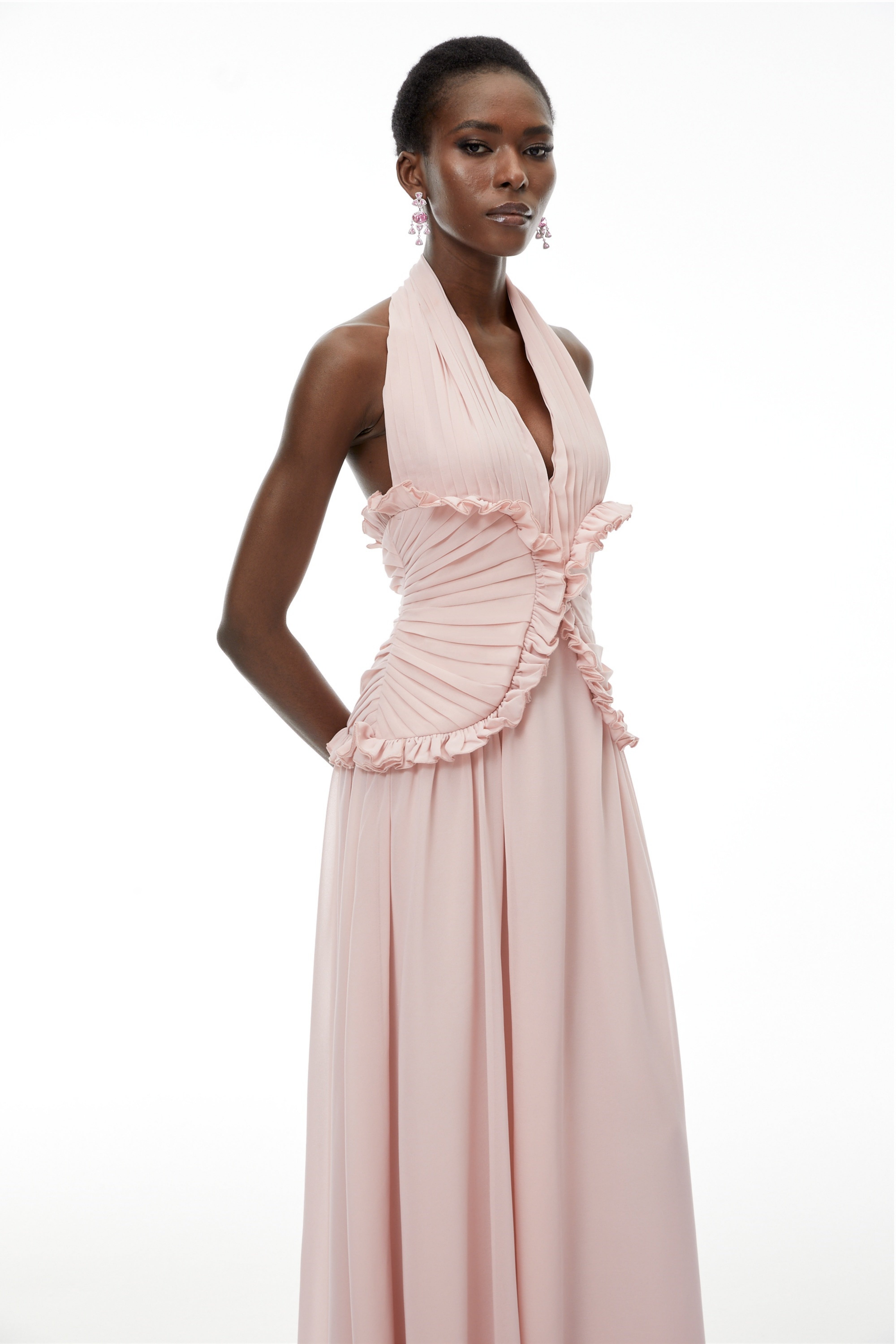 Violeta Pink Halterneck Backless Ruffled Maxi Dress