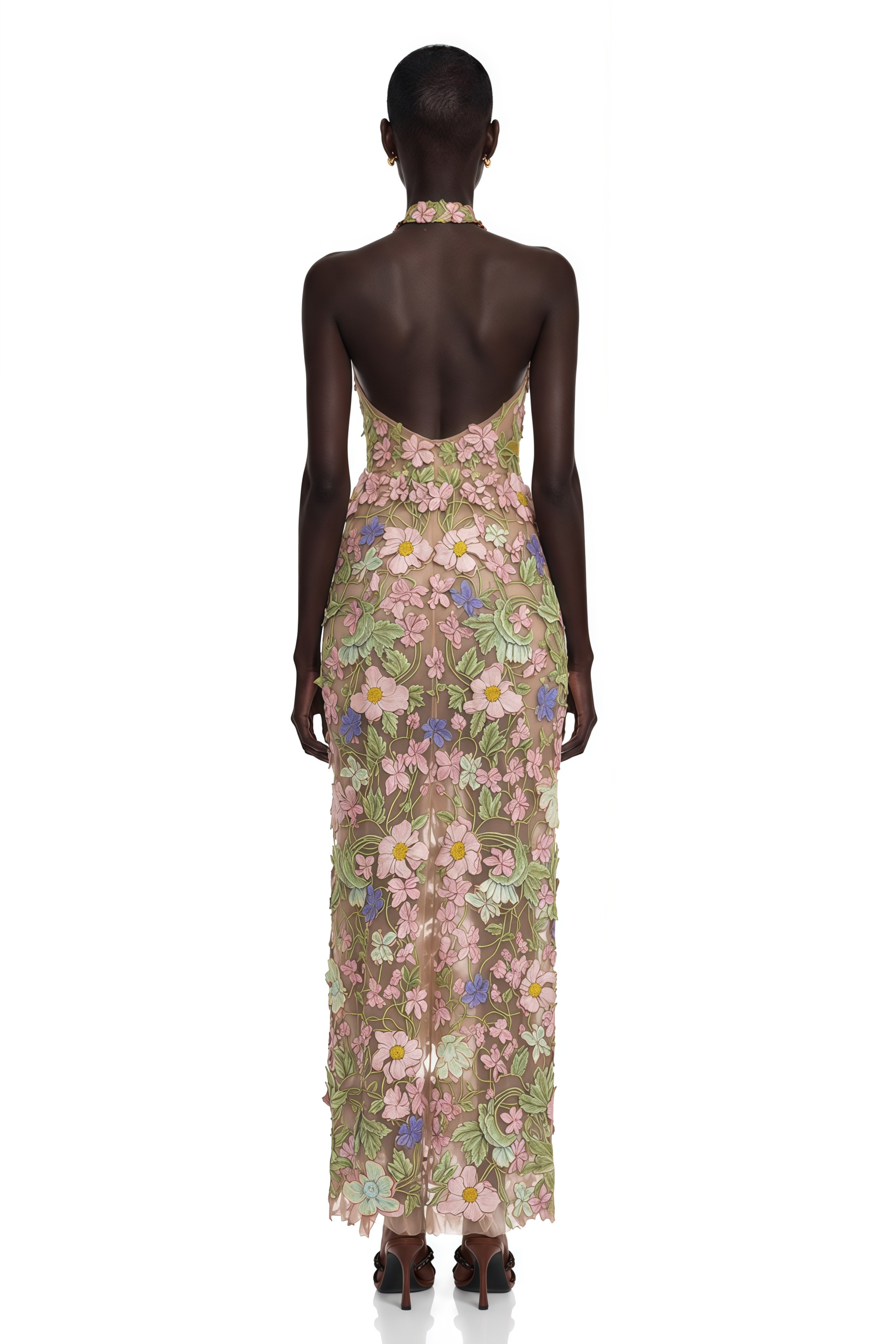 Violette Nude Halterneck Maxi Dress with 3D Florals
