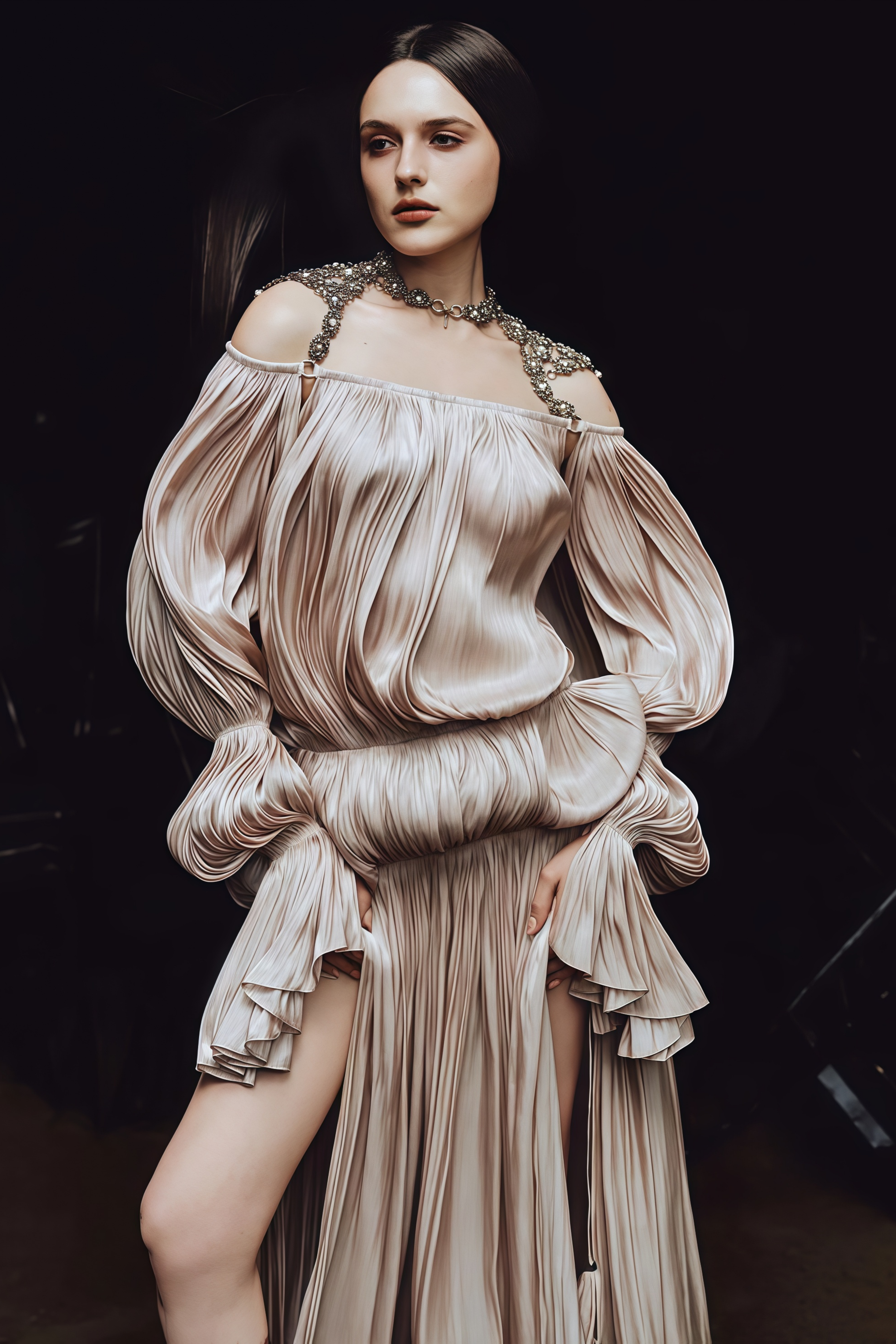 فستان طويل بخصر منفوش بلون كاكي من Vlasta مع سلسلة