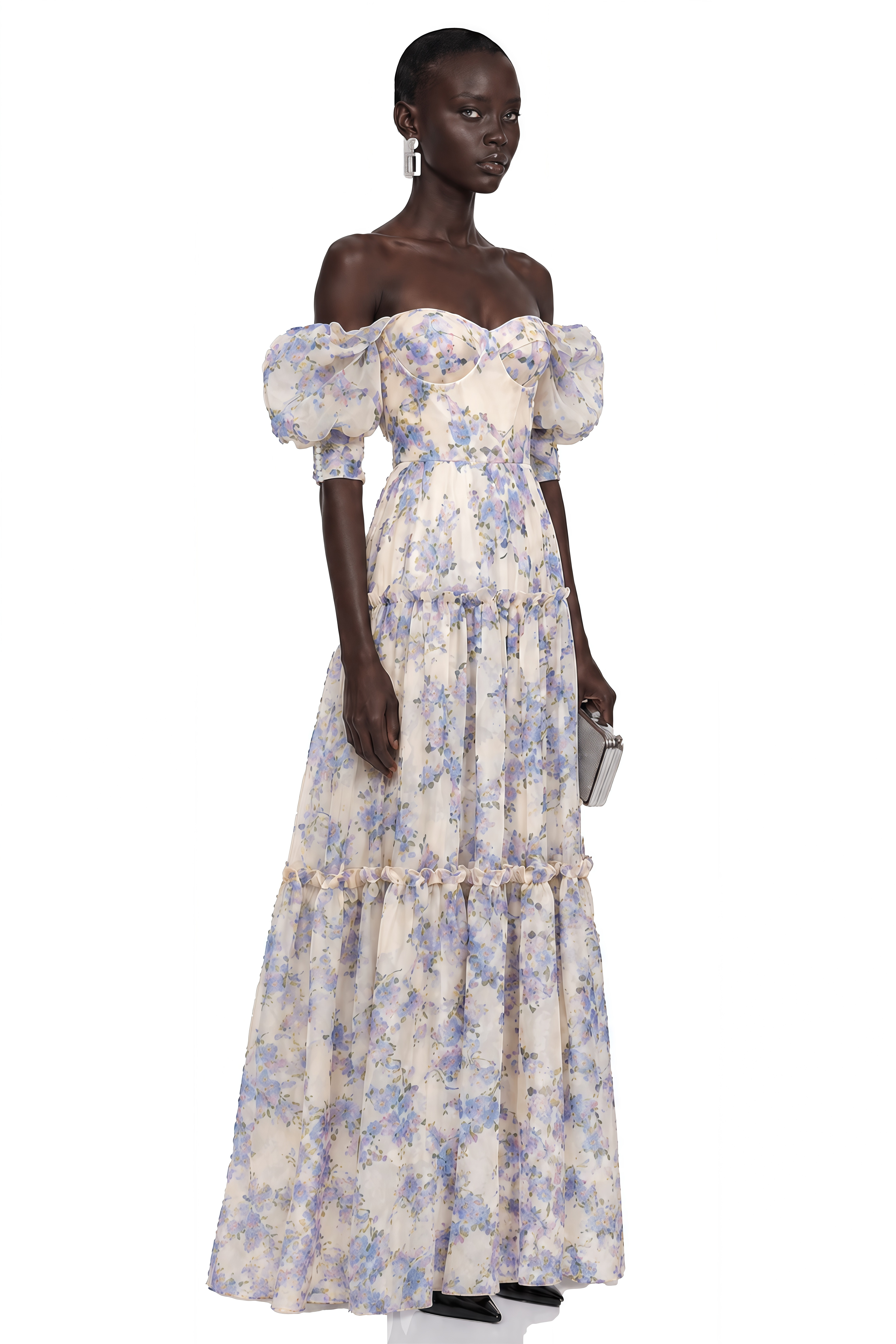 Wheat Purple Floral Print Ruffled Maxi Dress