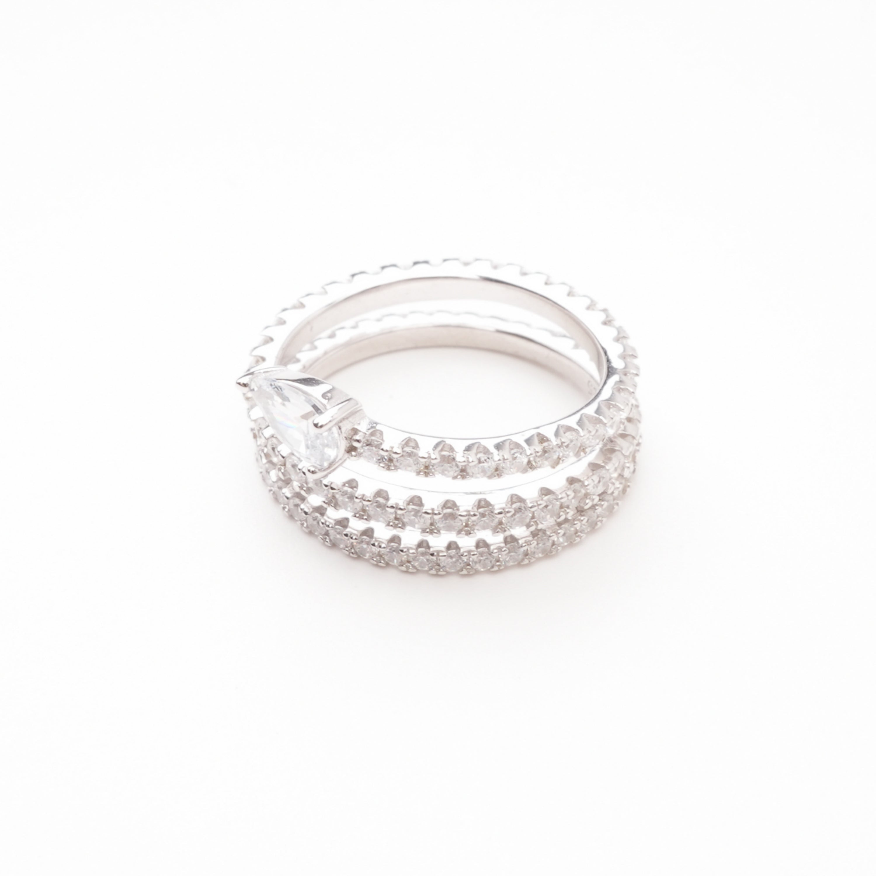 Lys White Pear Cut Gemstone Double Band Crystal Sterling Silver Ring