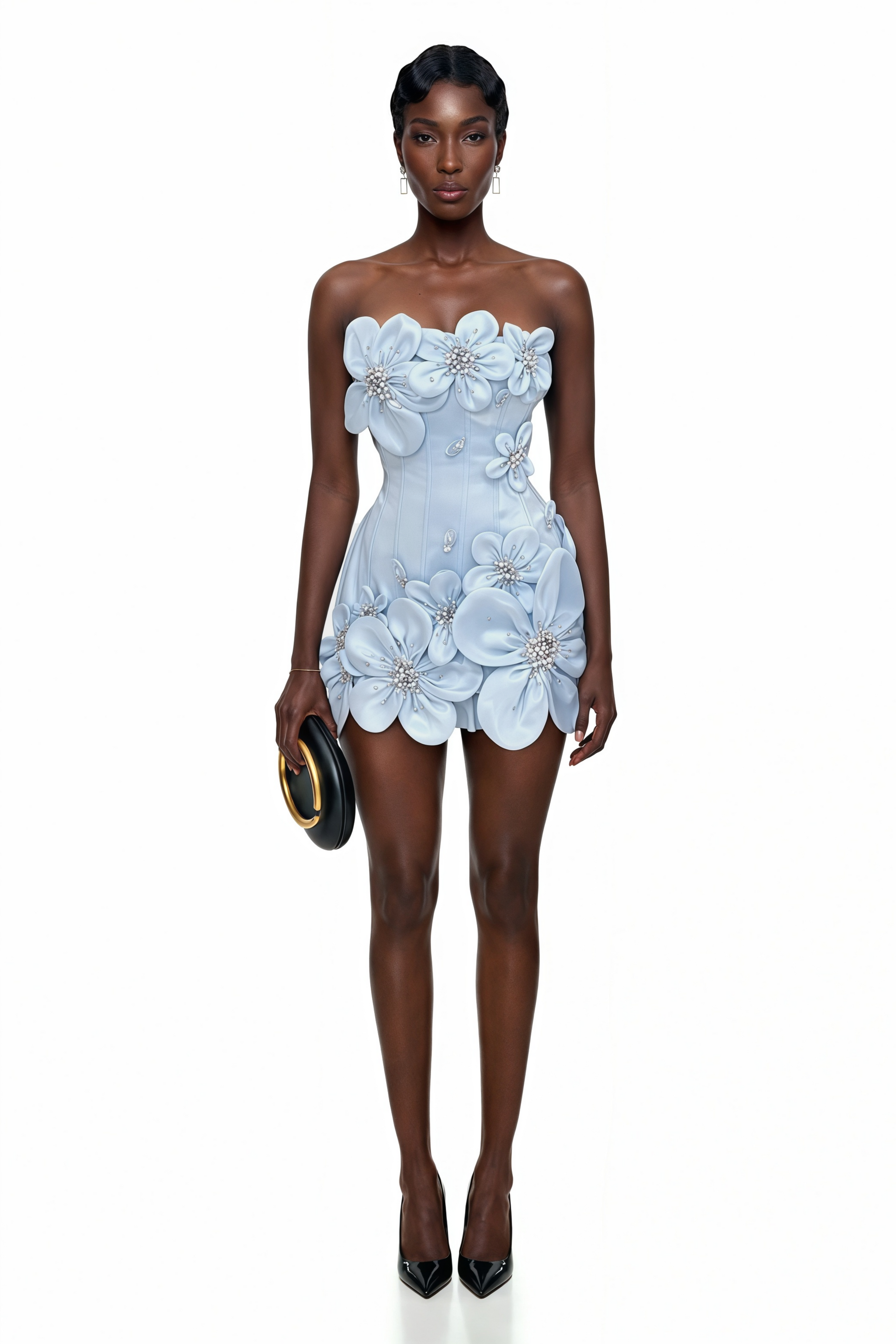 Widaad Blue Off Shoulder Mini Dress with 3D Petals