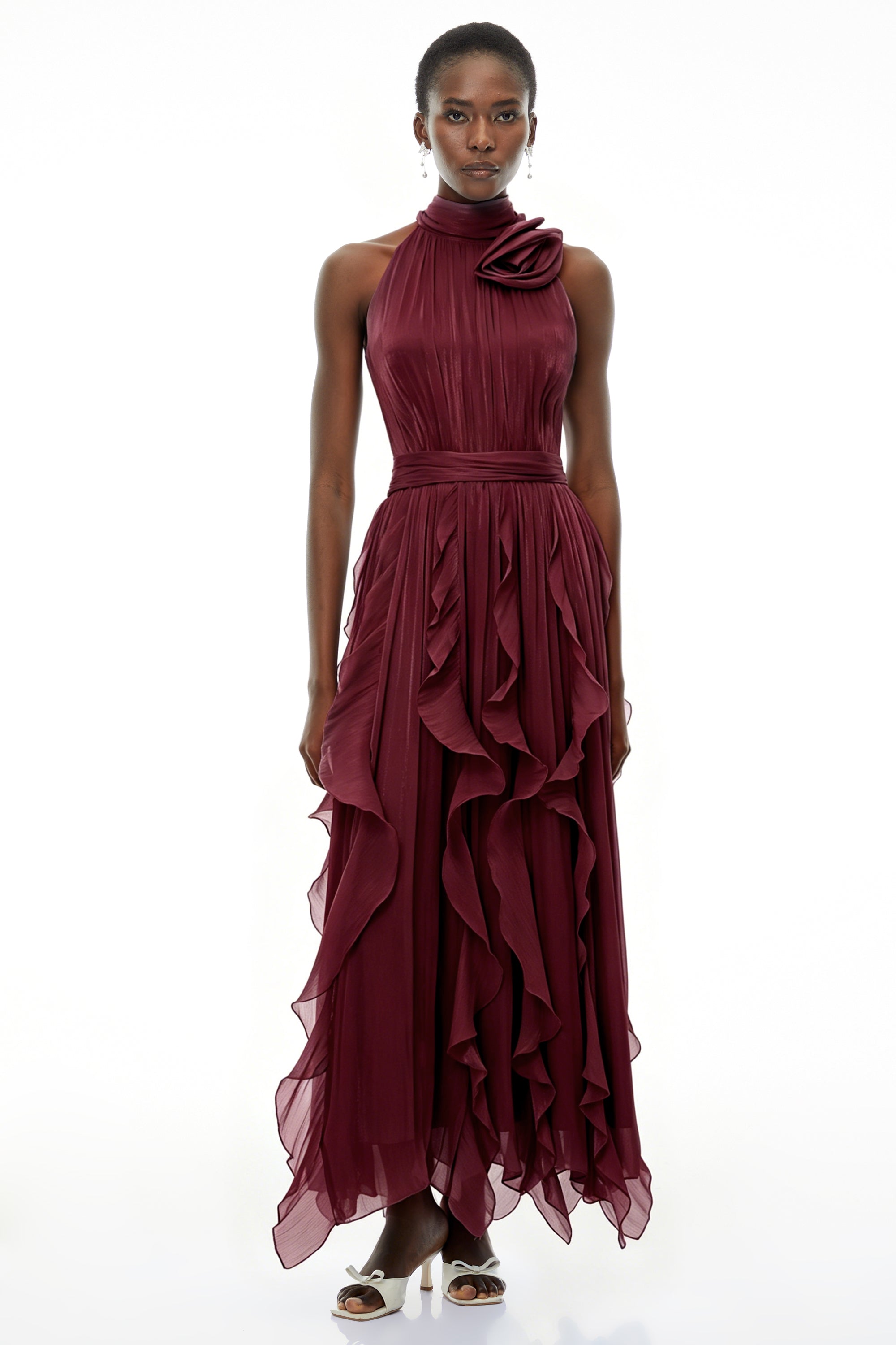 Willow Burgundy Halterneck Ruched Maxi Dress with 3D Florals