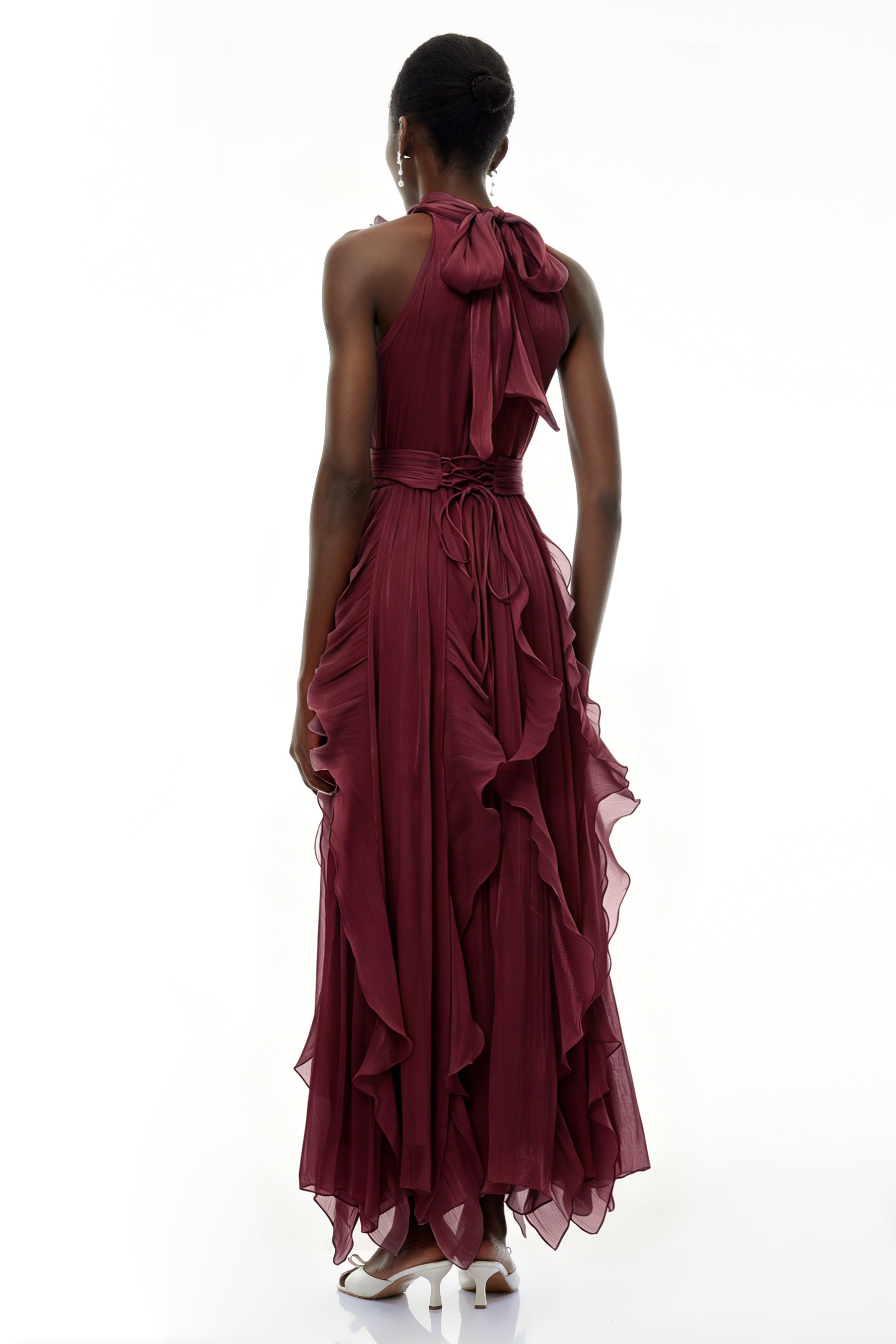 Willow Burgundy Halterneck Ruched Maxi Dress with 3D Florals