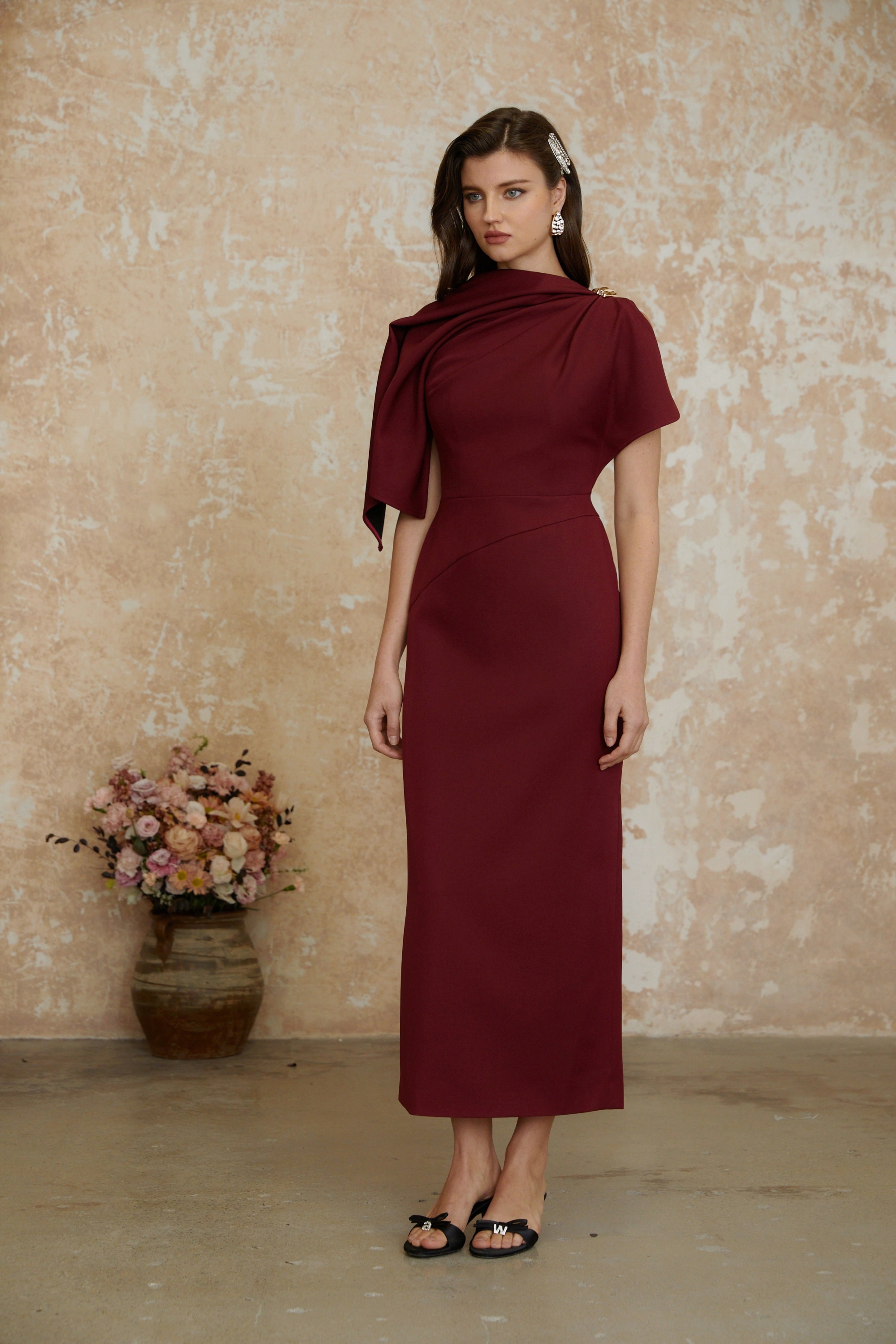 Wren Burgundy Asymmetrical Cape Maxi Dress