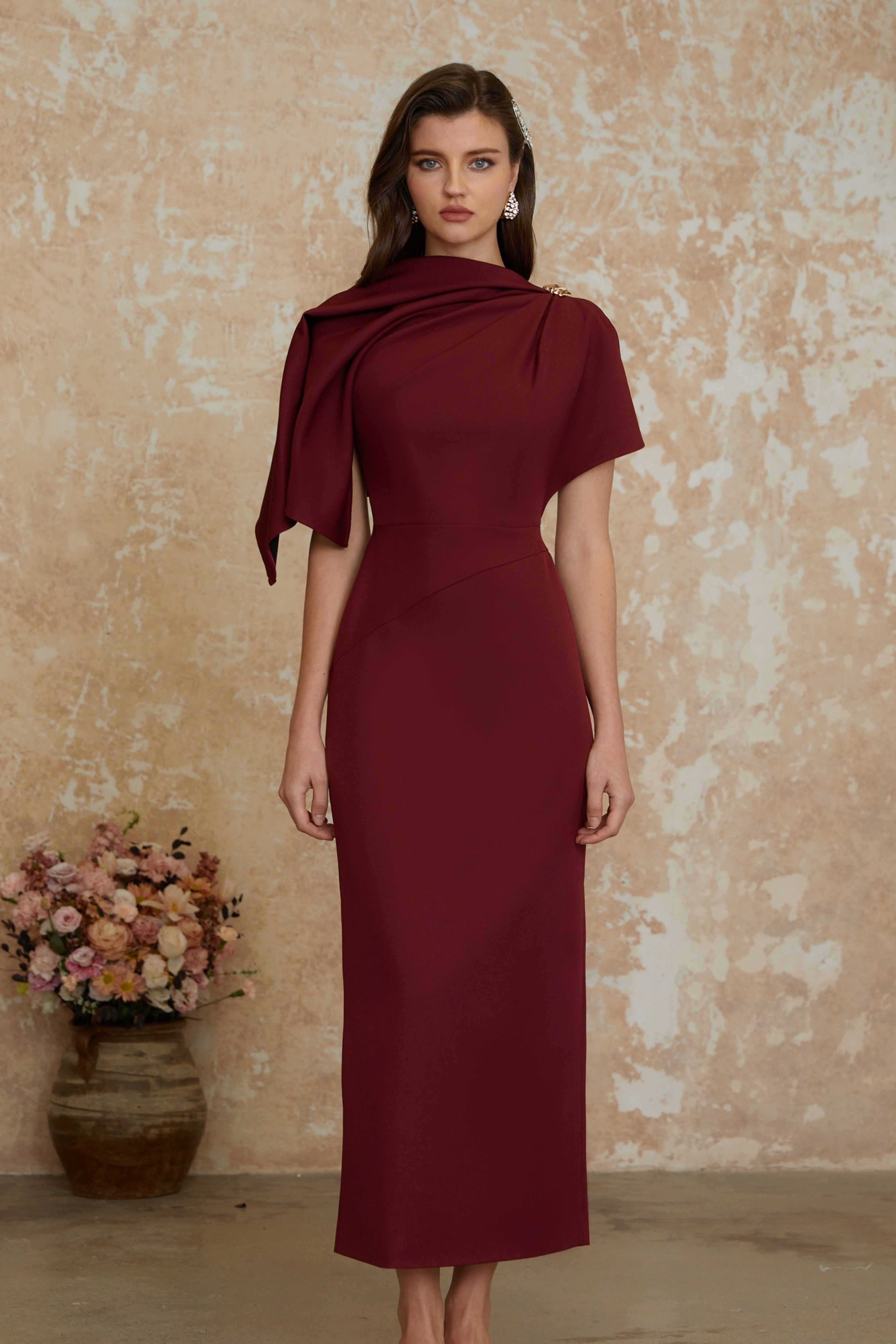 Wren Burgundy Asymmetrical Cape Maxi Dress