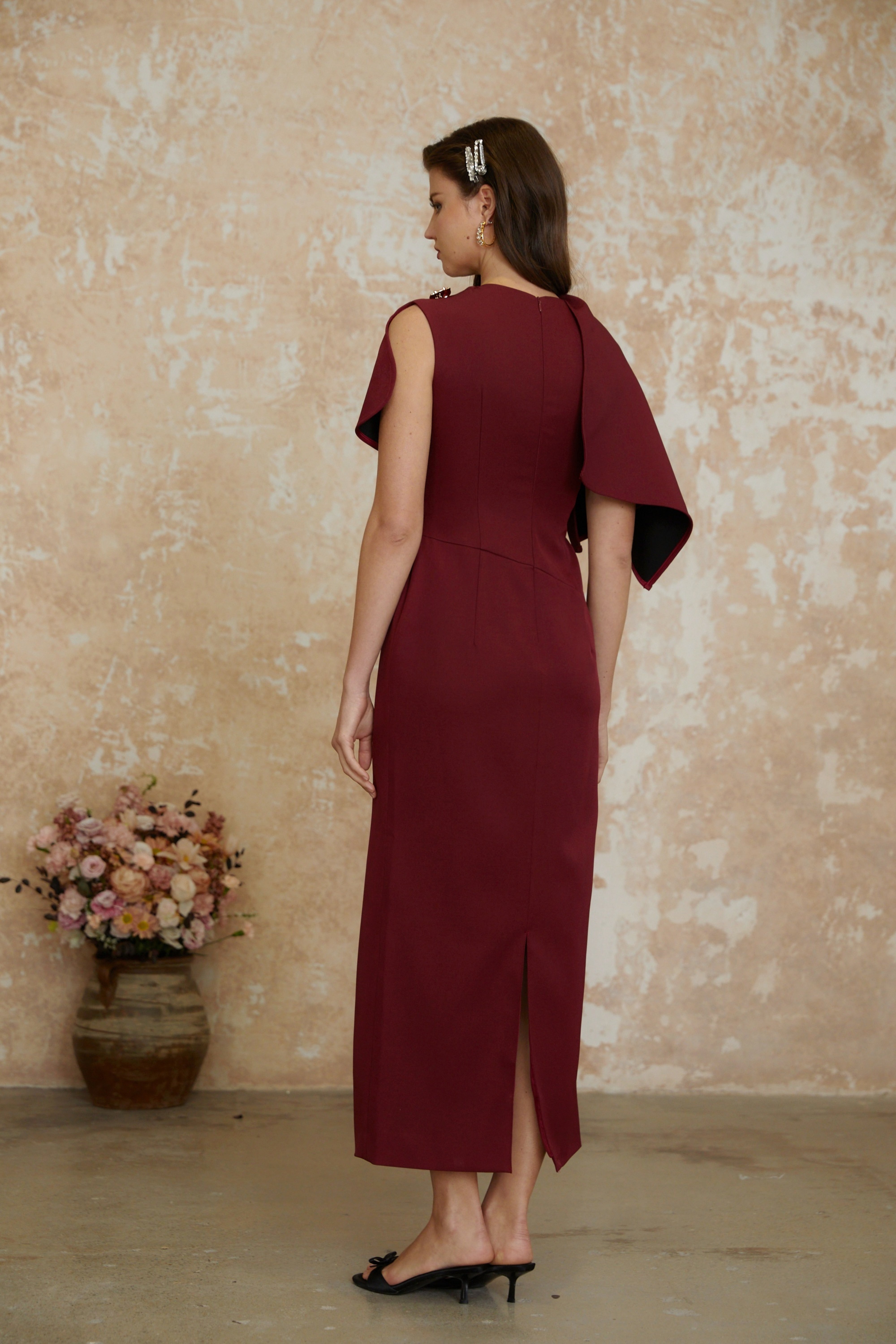 Wren Burgundy Asymmetrical Cape Maxi Dress