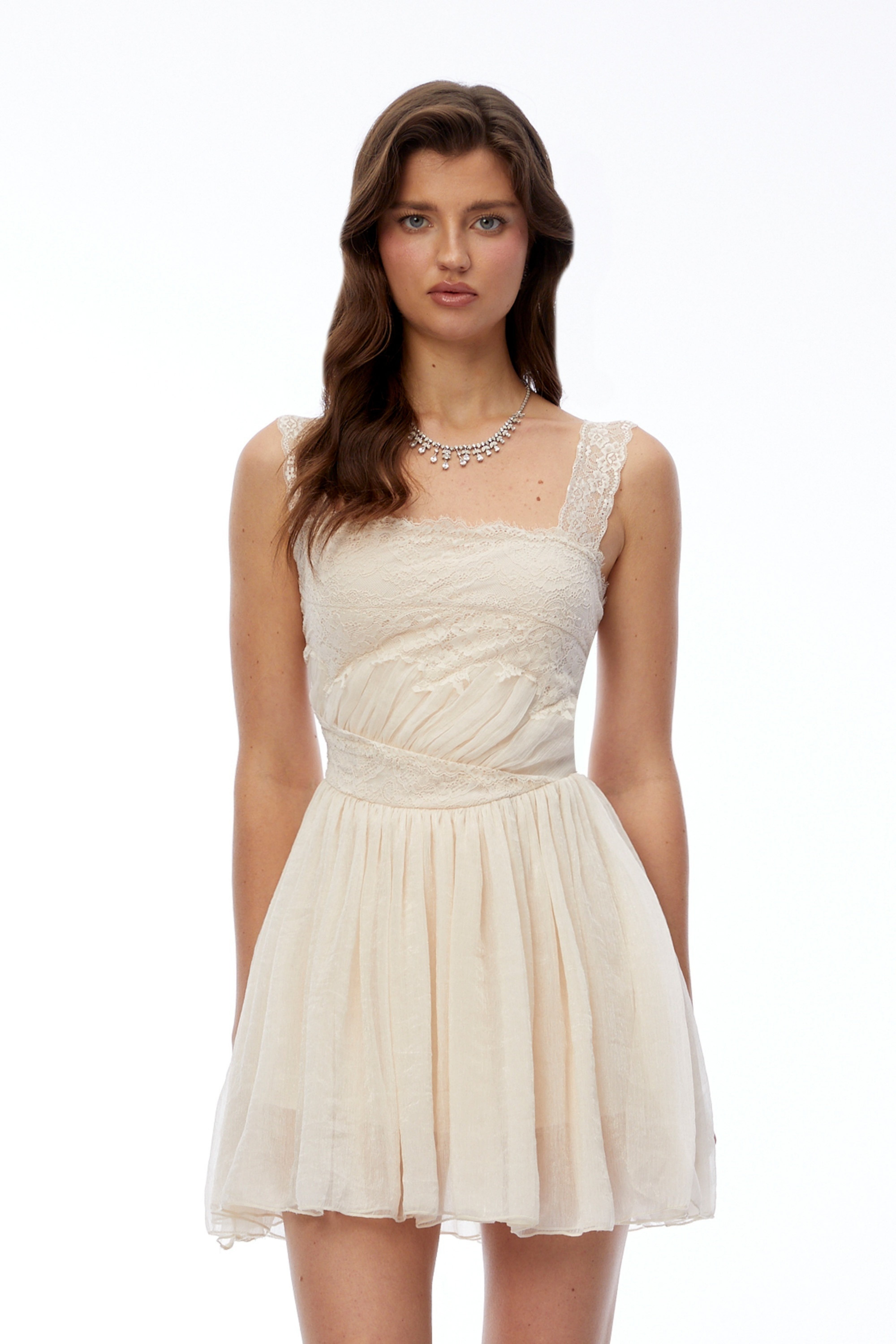Wren Cream Square Neck Lace Pleated Mini Dress