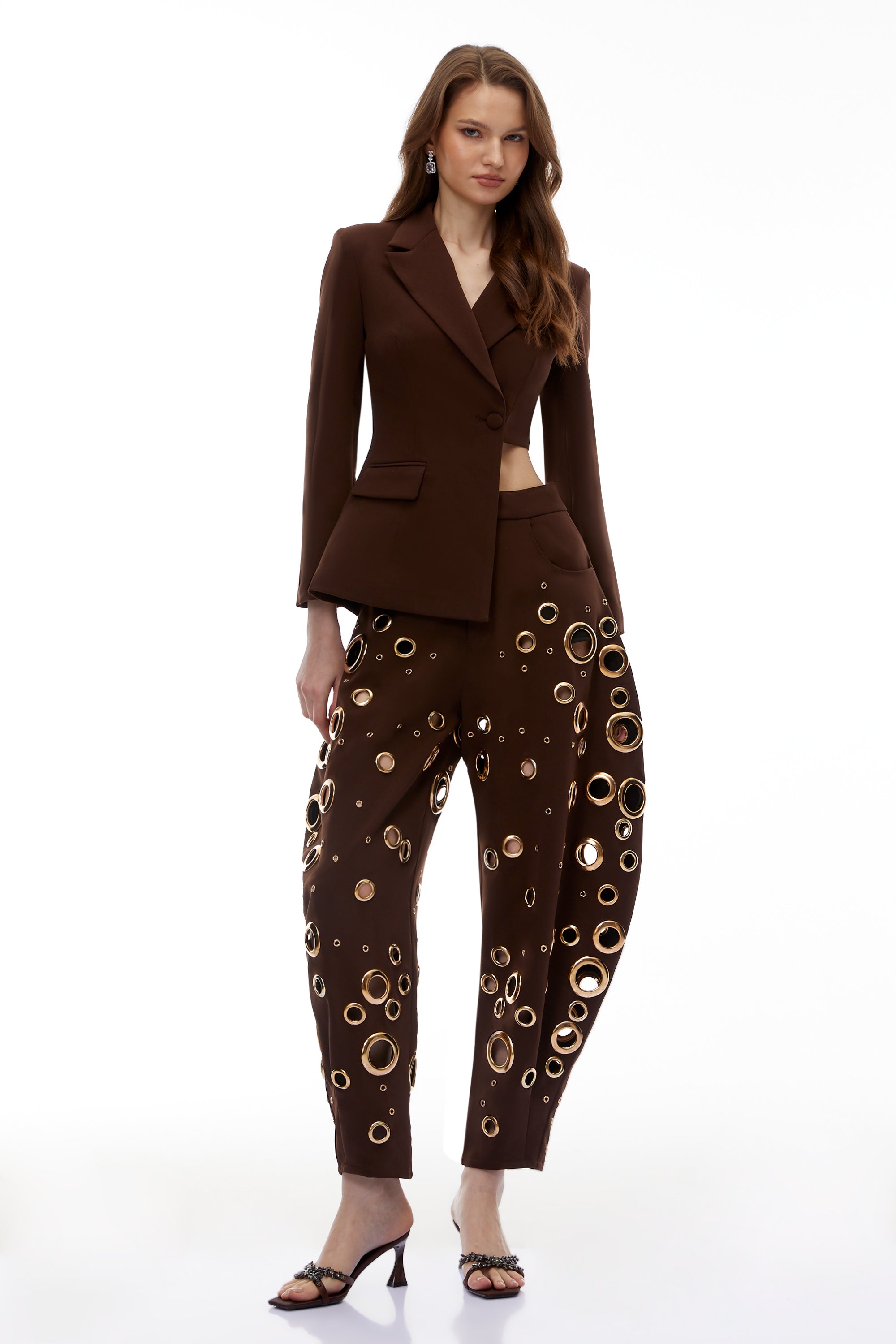 Xaviera Schokoladenbraunes asymmetrisches Blazer- und Hosen-Set mit Cut-Outs