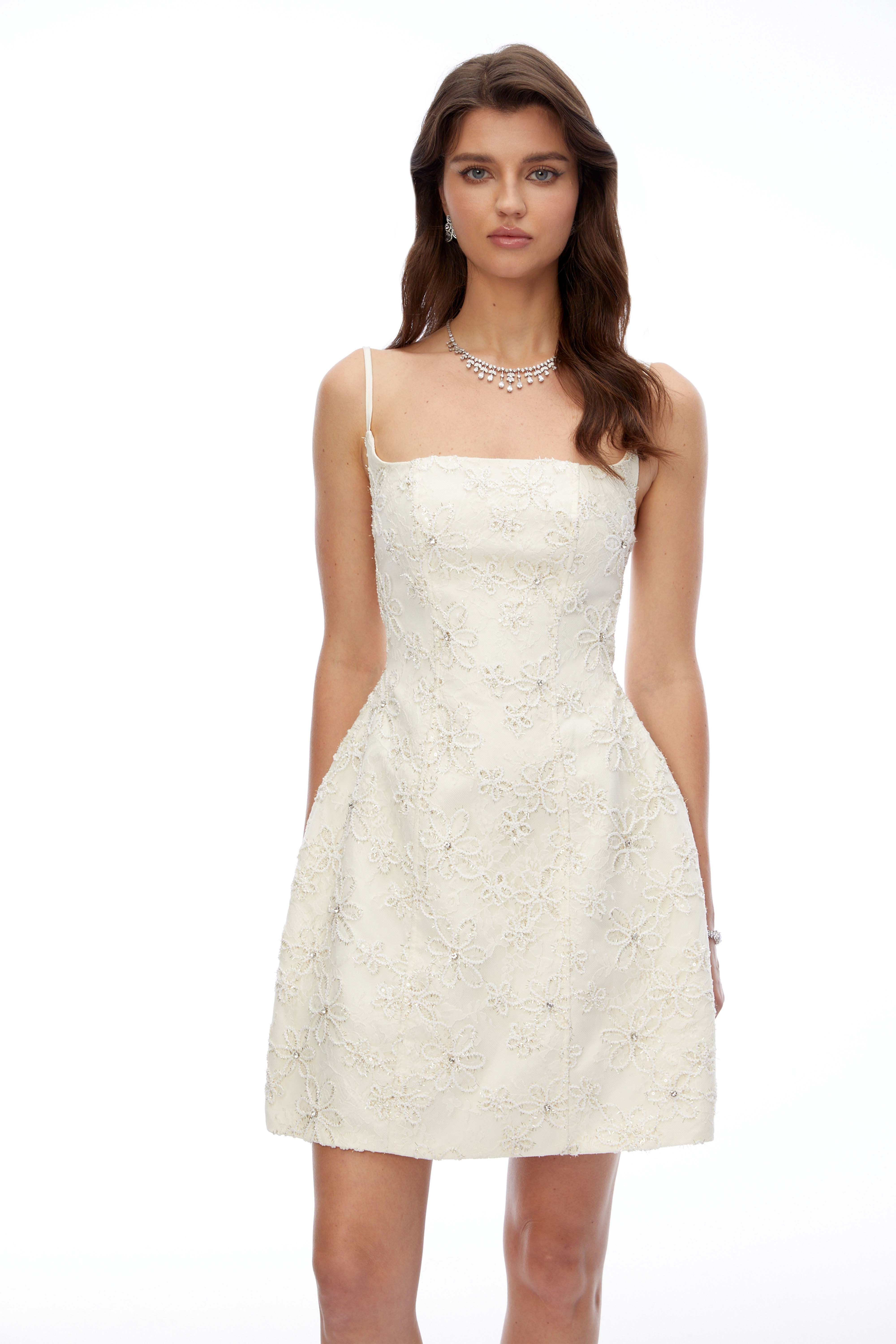 Xena Cream Square Neck Floral Embroidered Mini Dress