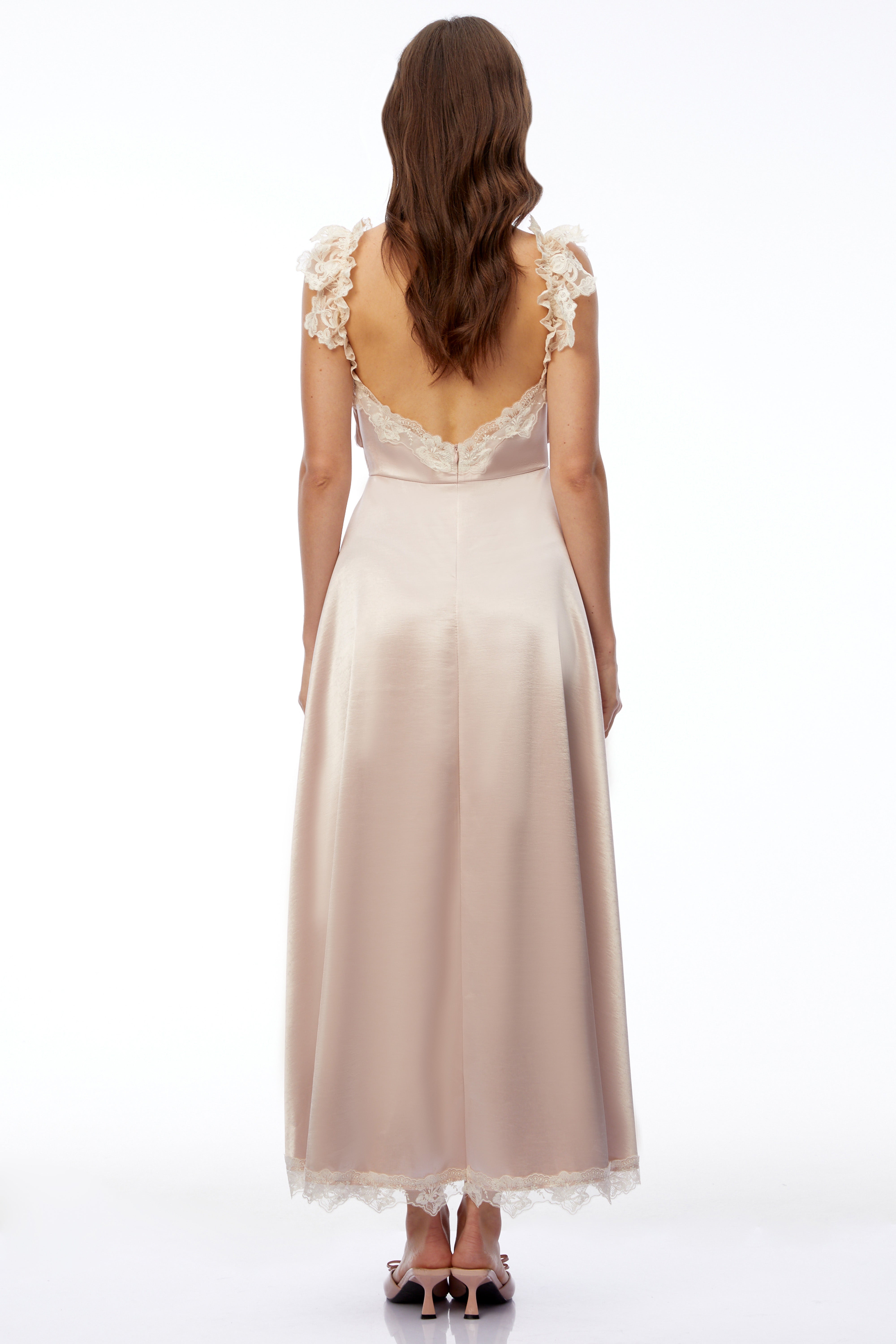 Xenia Champagne Pink V-Neck Maxi Dress with Lace Trim
