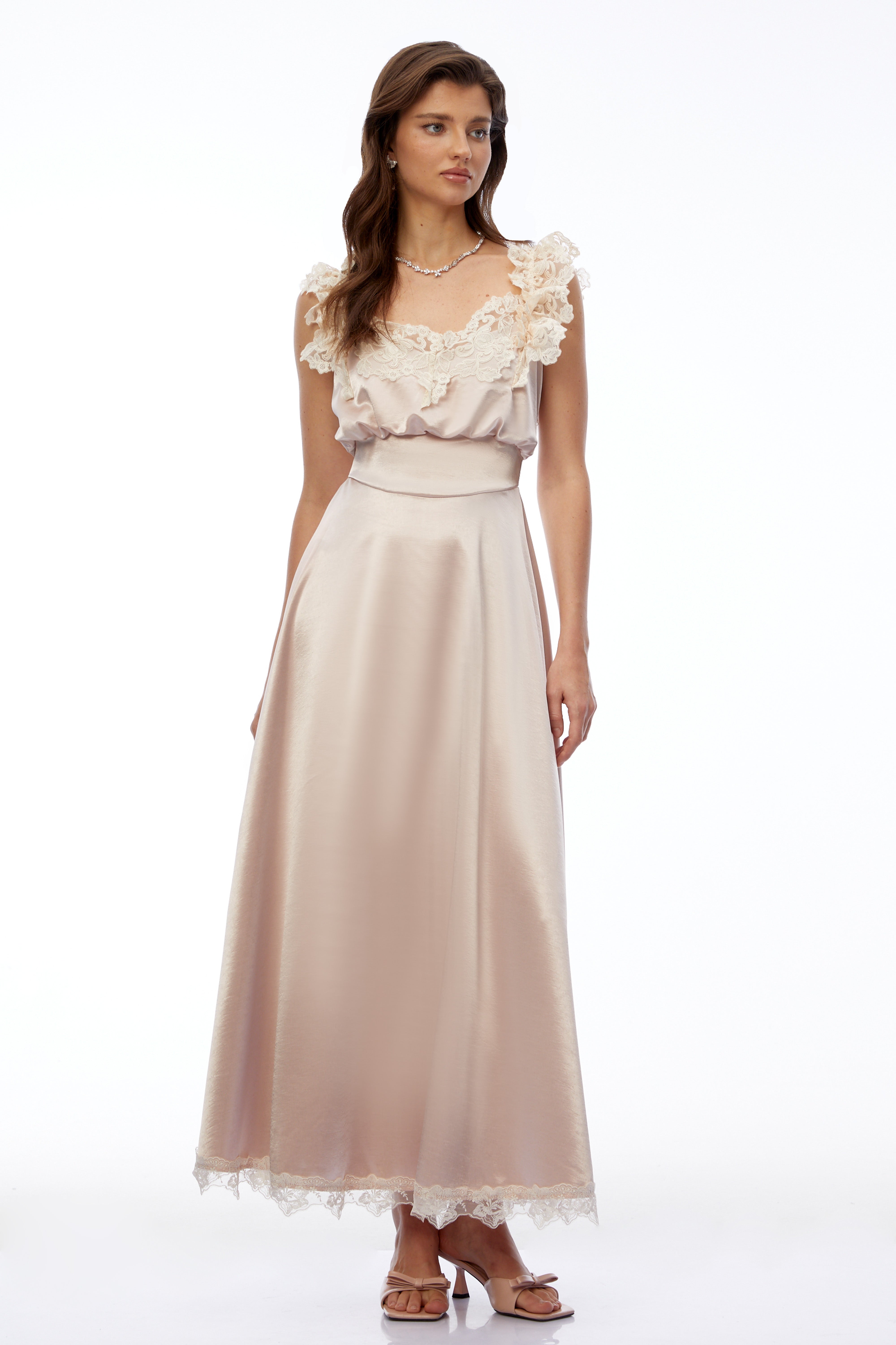 Xenia Champagne Pink V-Neck Maxi Dress with Lace Trim