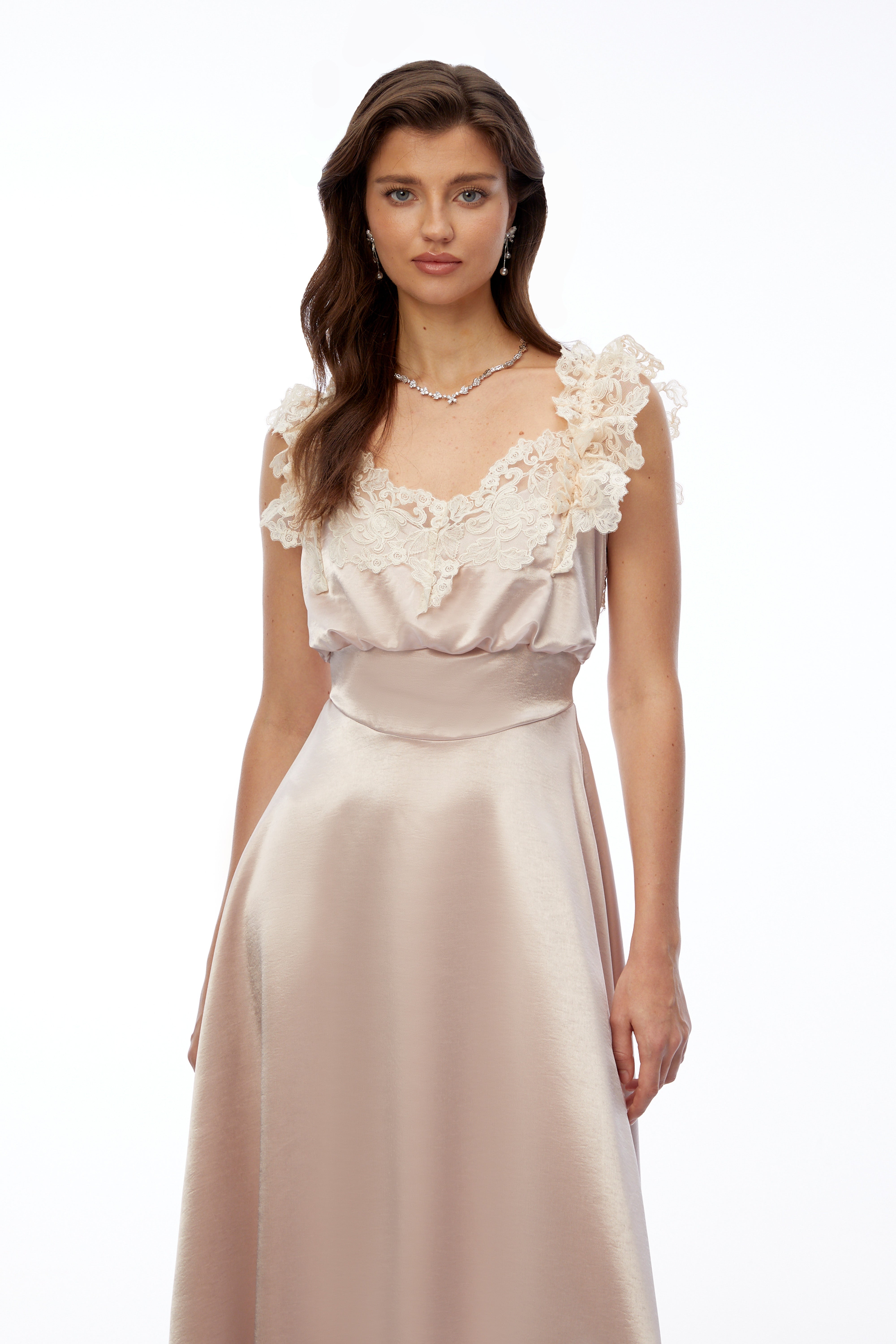 Xenia Champagne Pink V-Neck Maxi Dress with Lace Trim