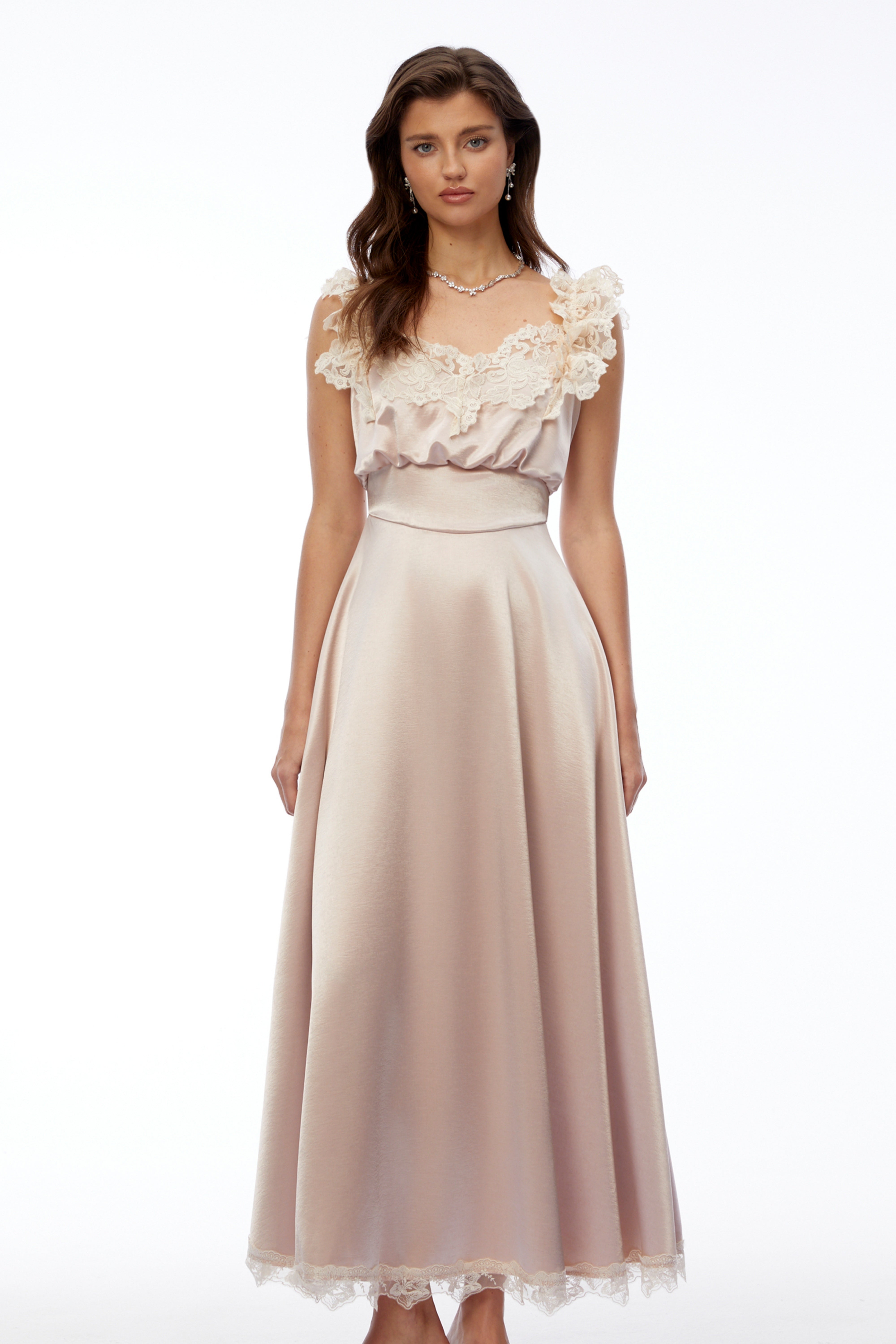 Xenia Champagne Pink V-Neck Maxi Dress with Lace Trim
