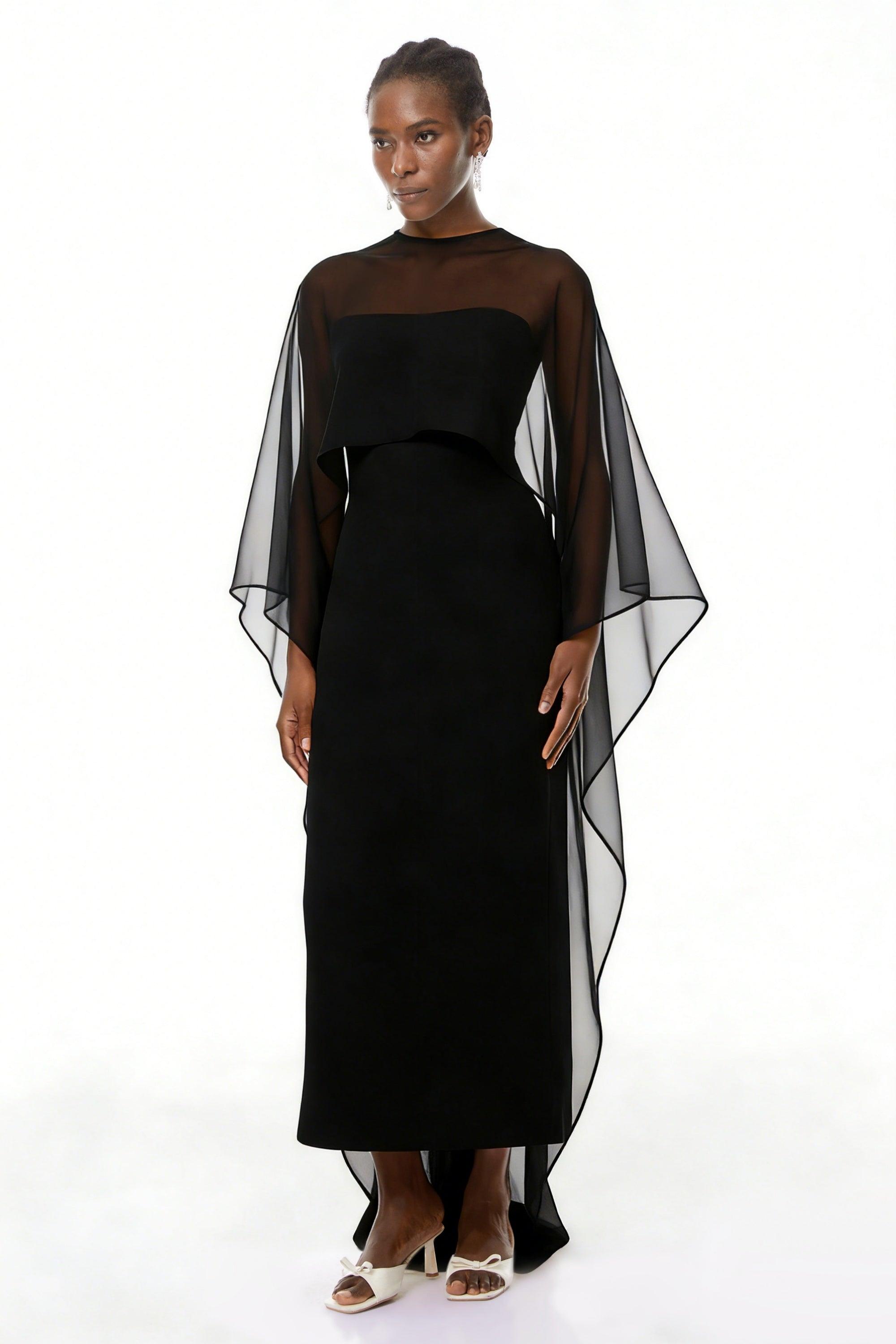 Xiomara Black Cape Design Satin Maxi Dress