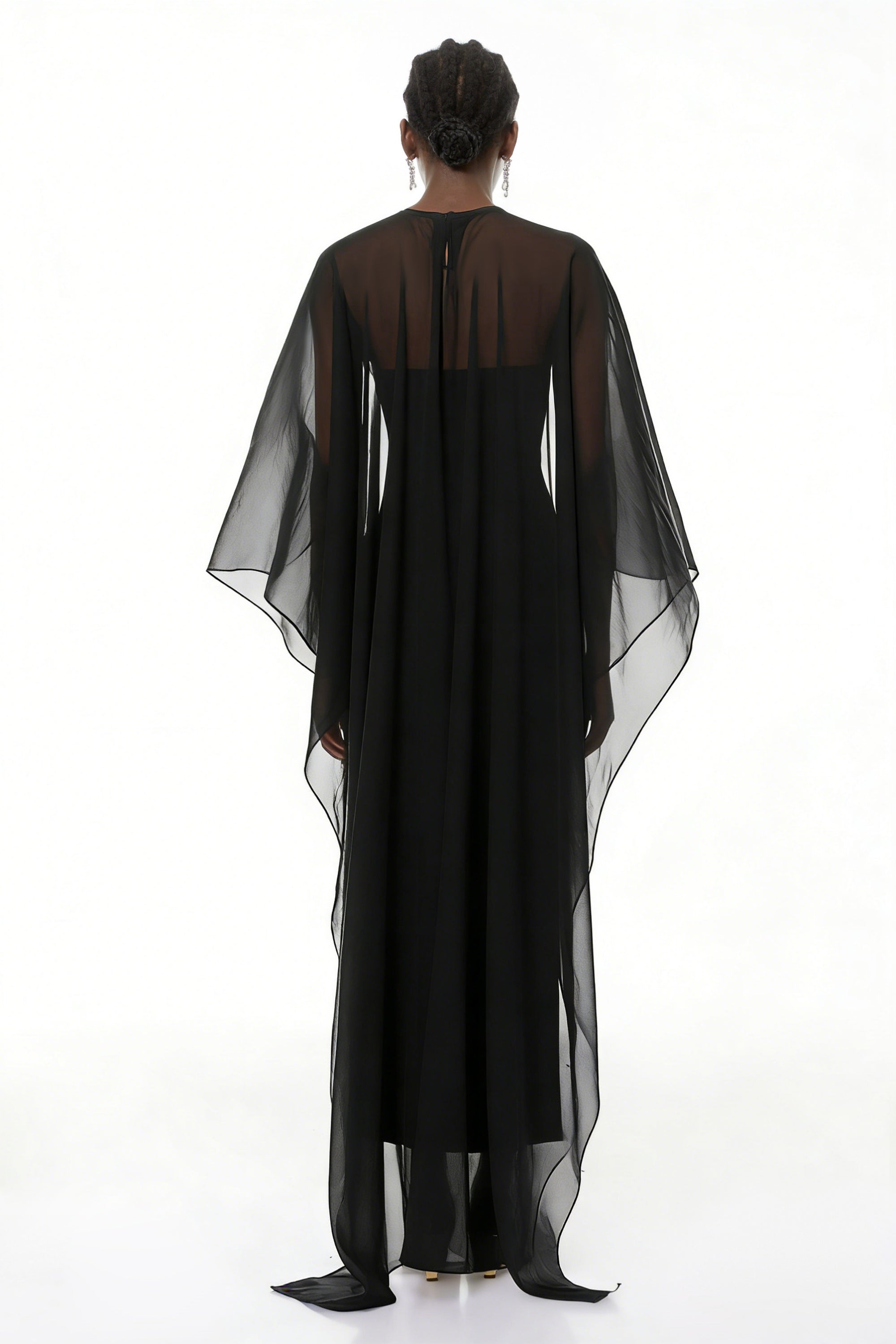 Xiomara Black Cape Design Satin Maxi Dress