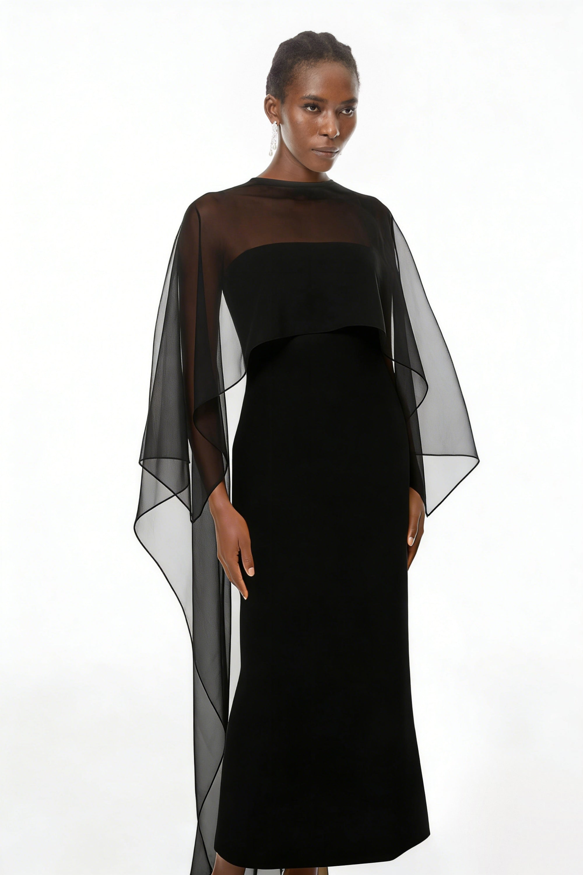 Xiomara Black Cape Design Satin Maxi Dress