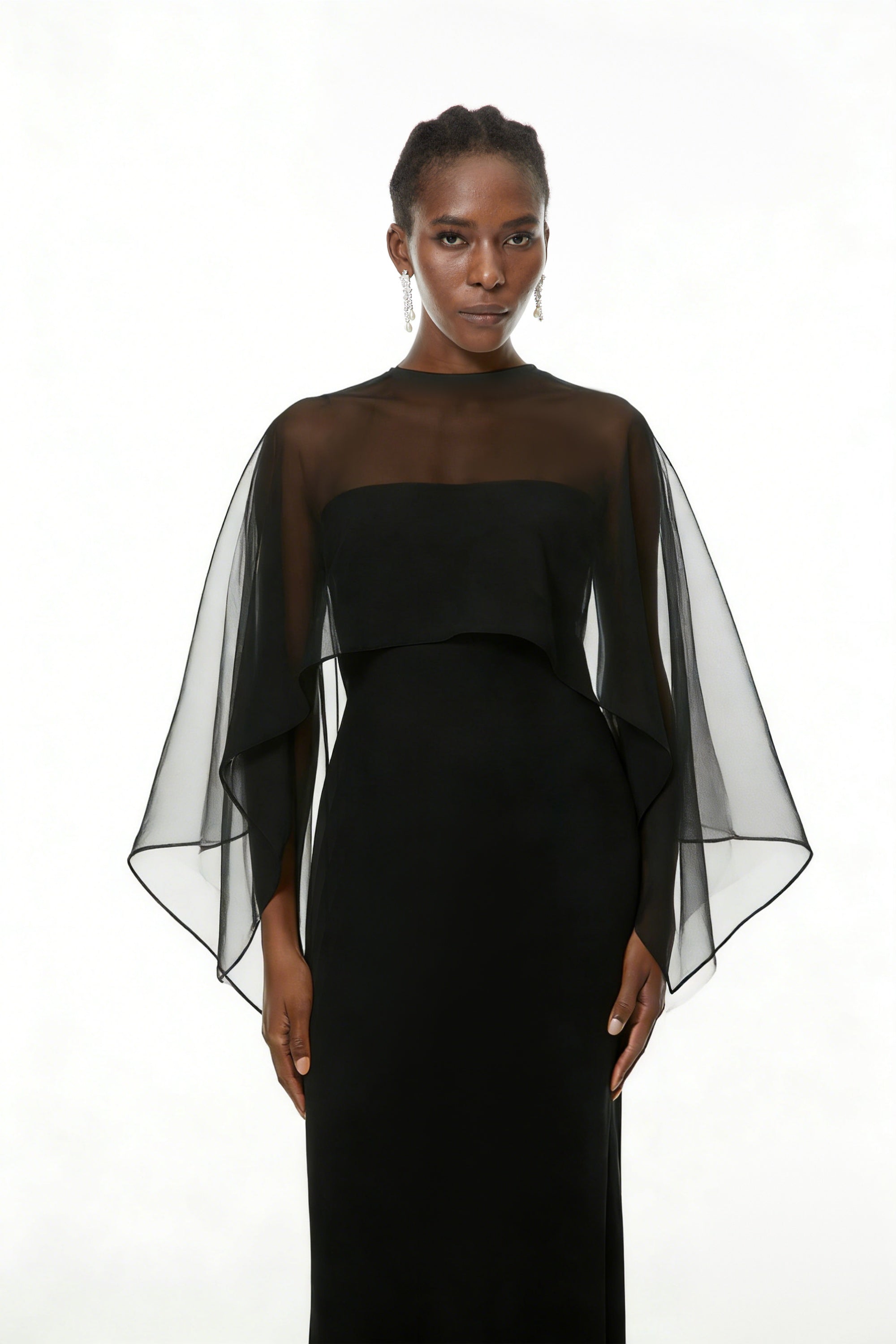 Xiomara Black Cape Design Satin Maxi Dress
