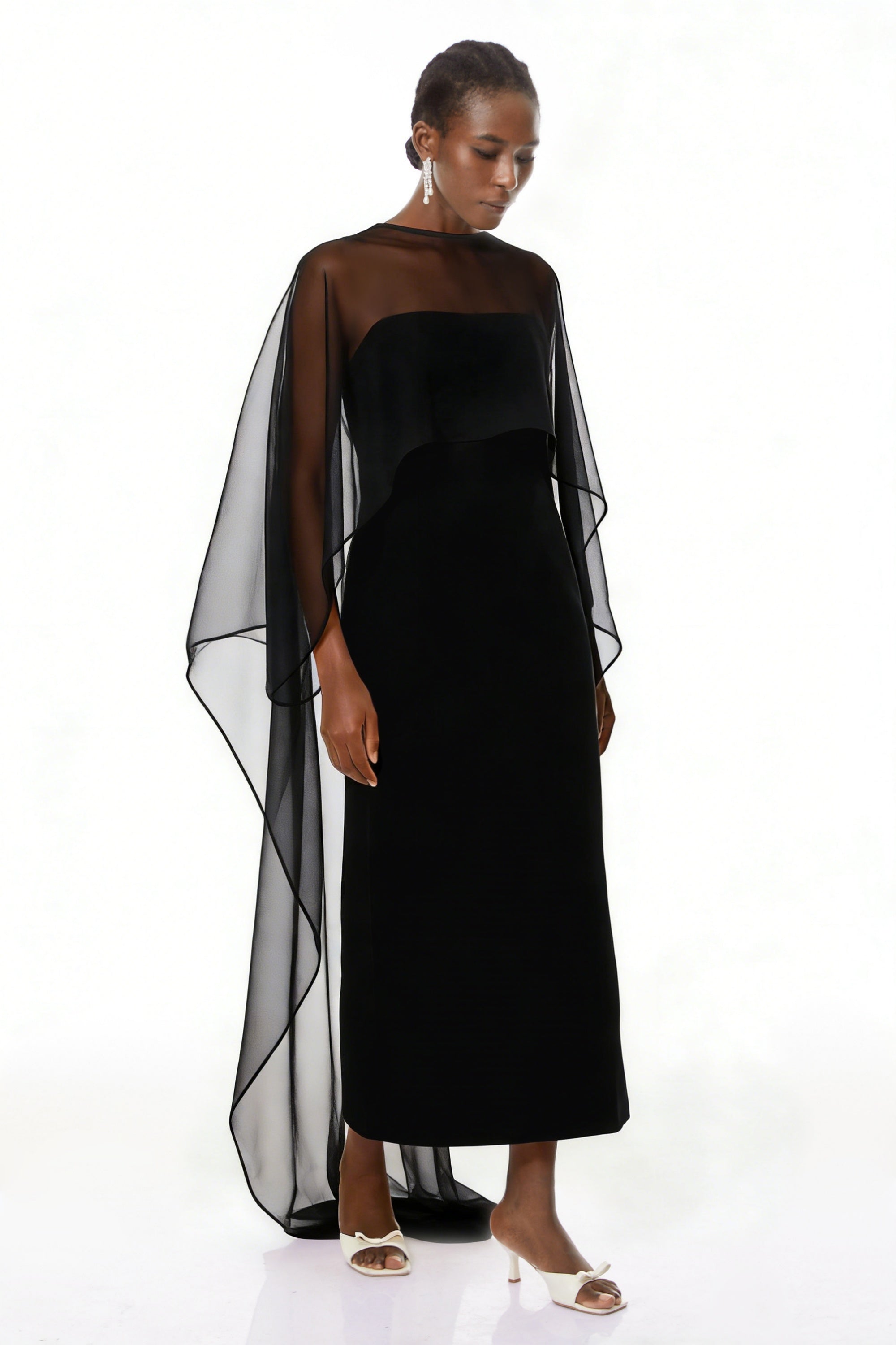 Xiomara Black Cape Design Satin Maxi Dress