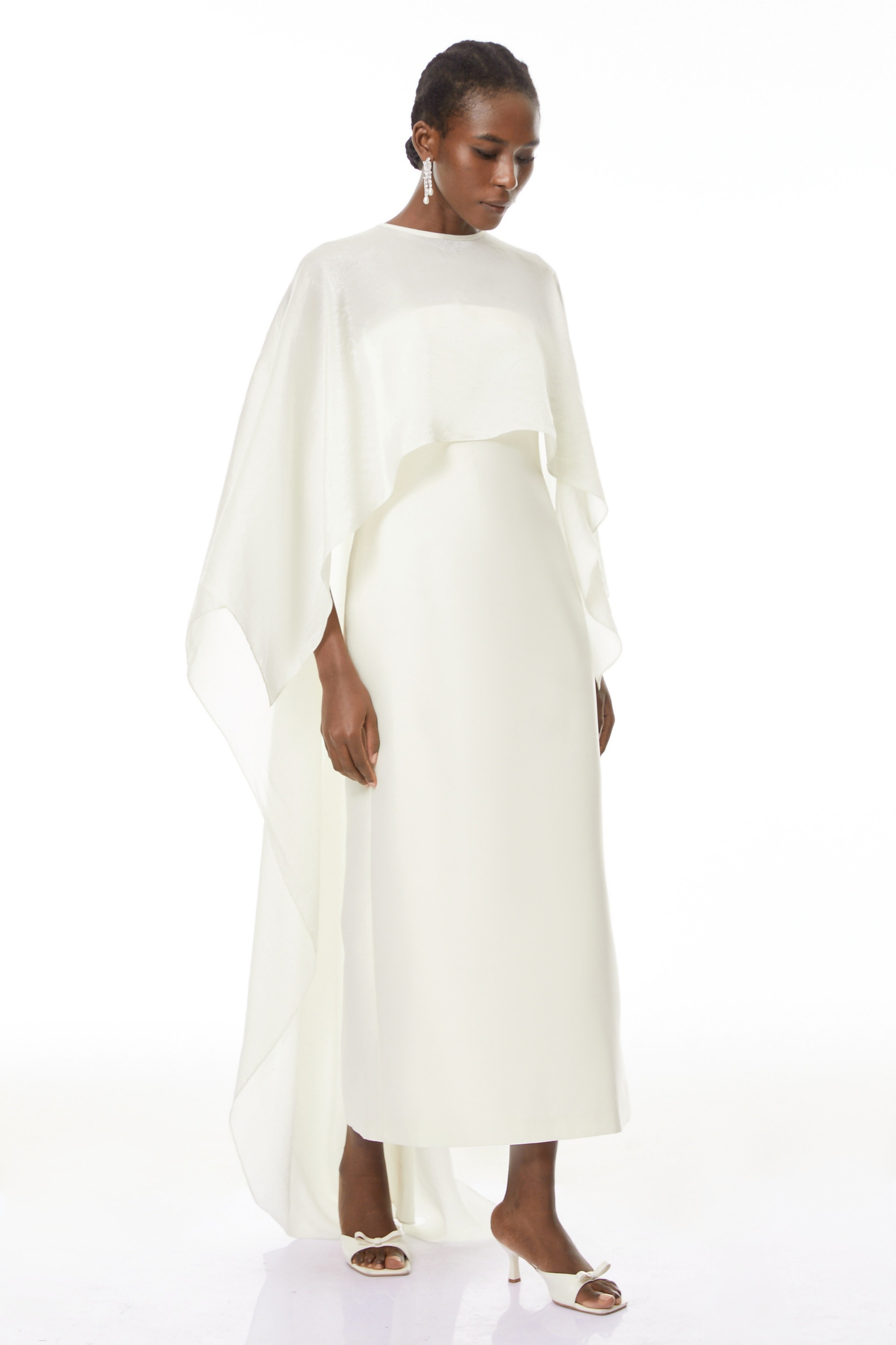 Xiomara White Cape Design Satin Maxi Dress