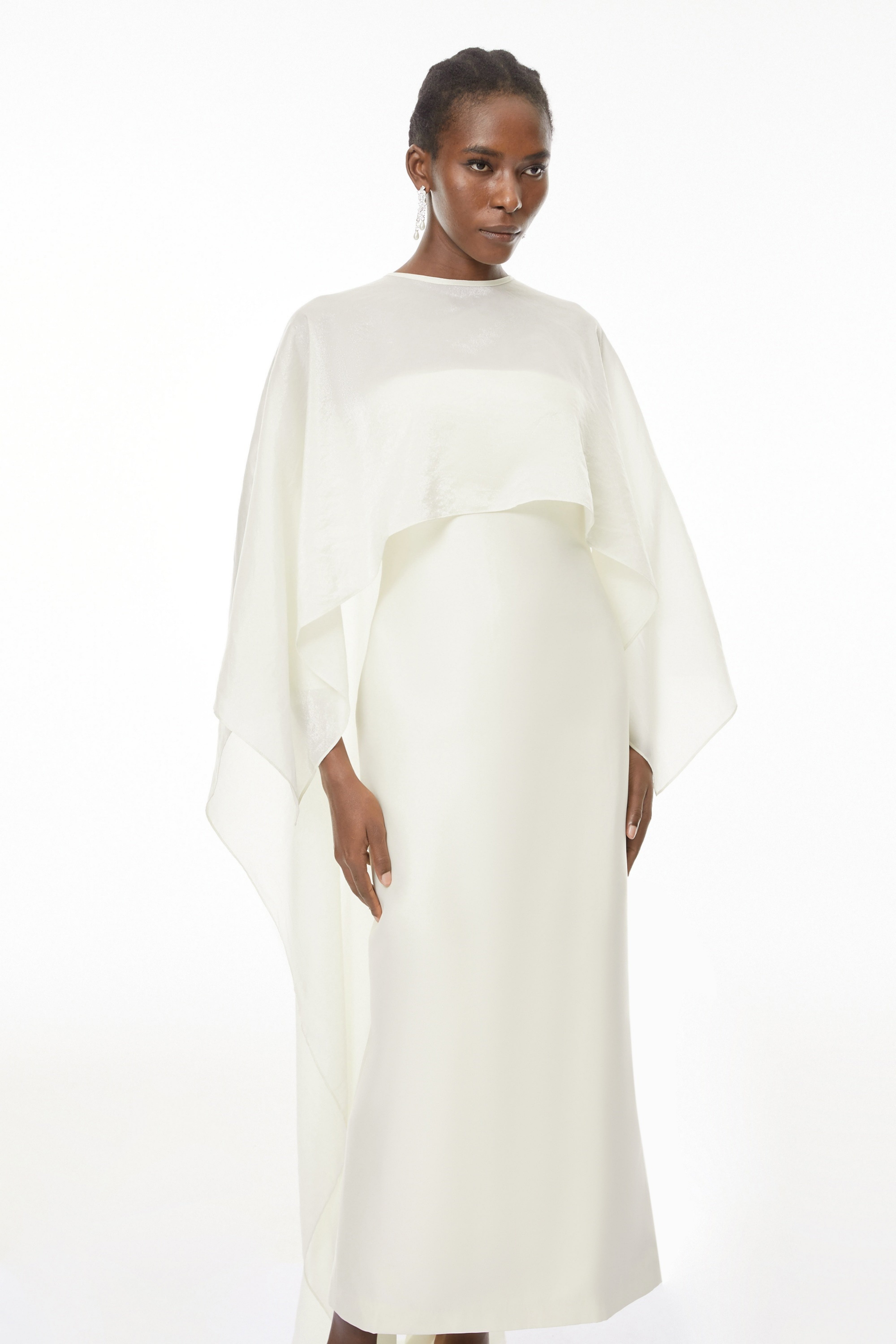 Xiomara White Cape Design Satin Maxi Dress