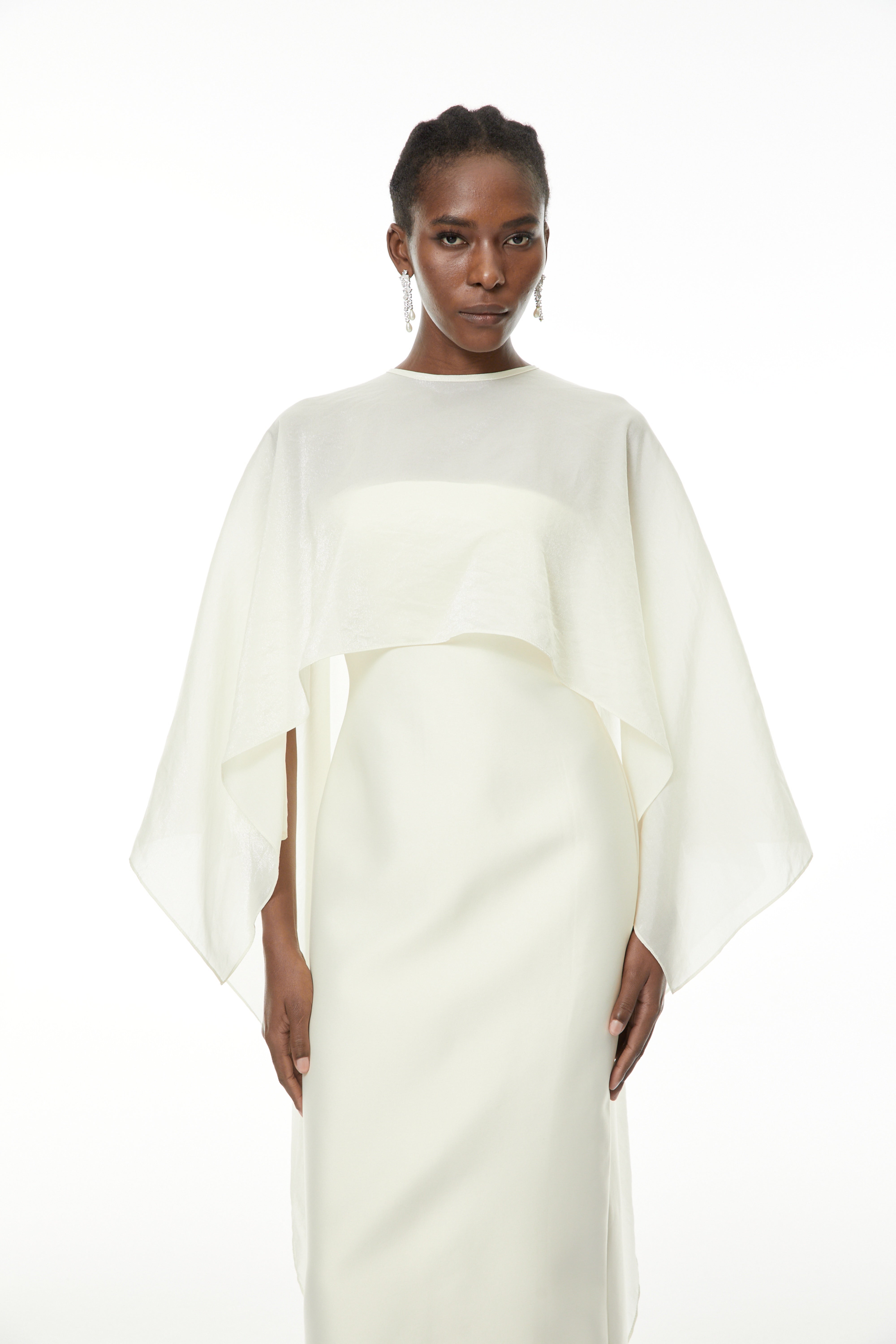 Xiomara White Cape Design Satin Maxi Dress