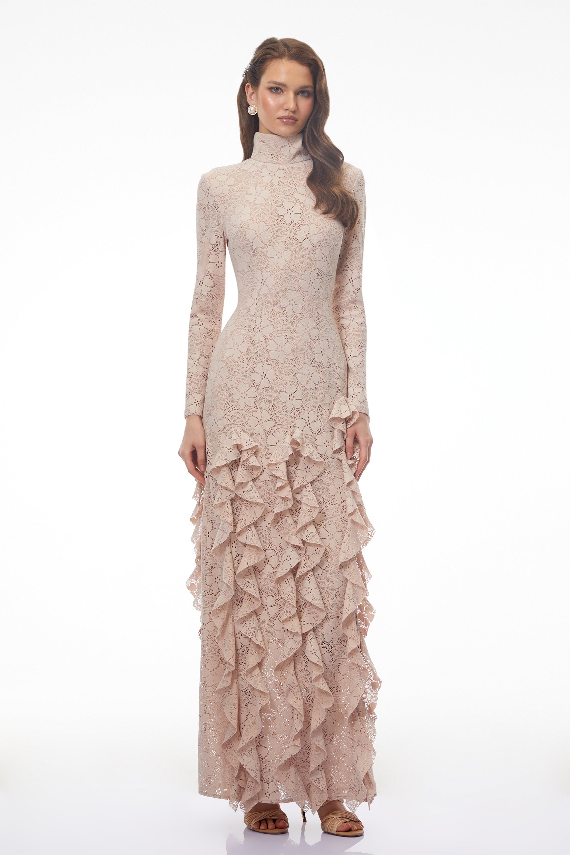 Yasemin Nude Floral Lace Ruffled Maxi Dress