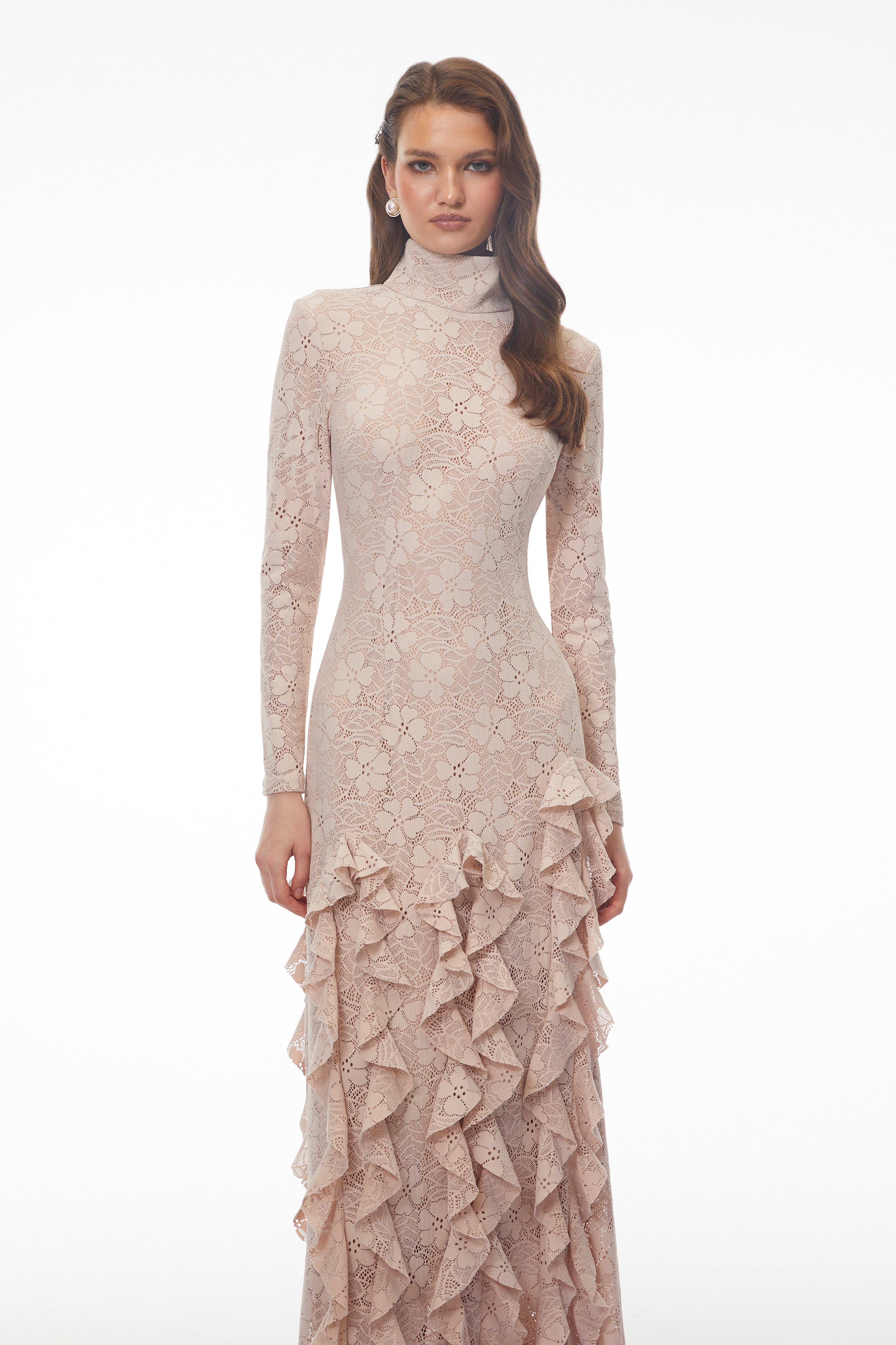 Yasemin Nude Floral Lace Ruffled Maxi Dress