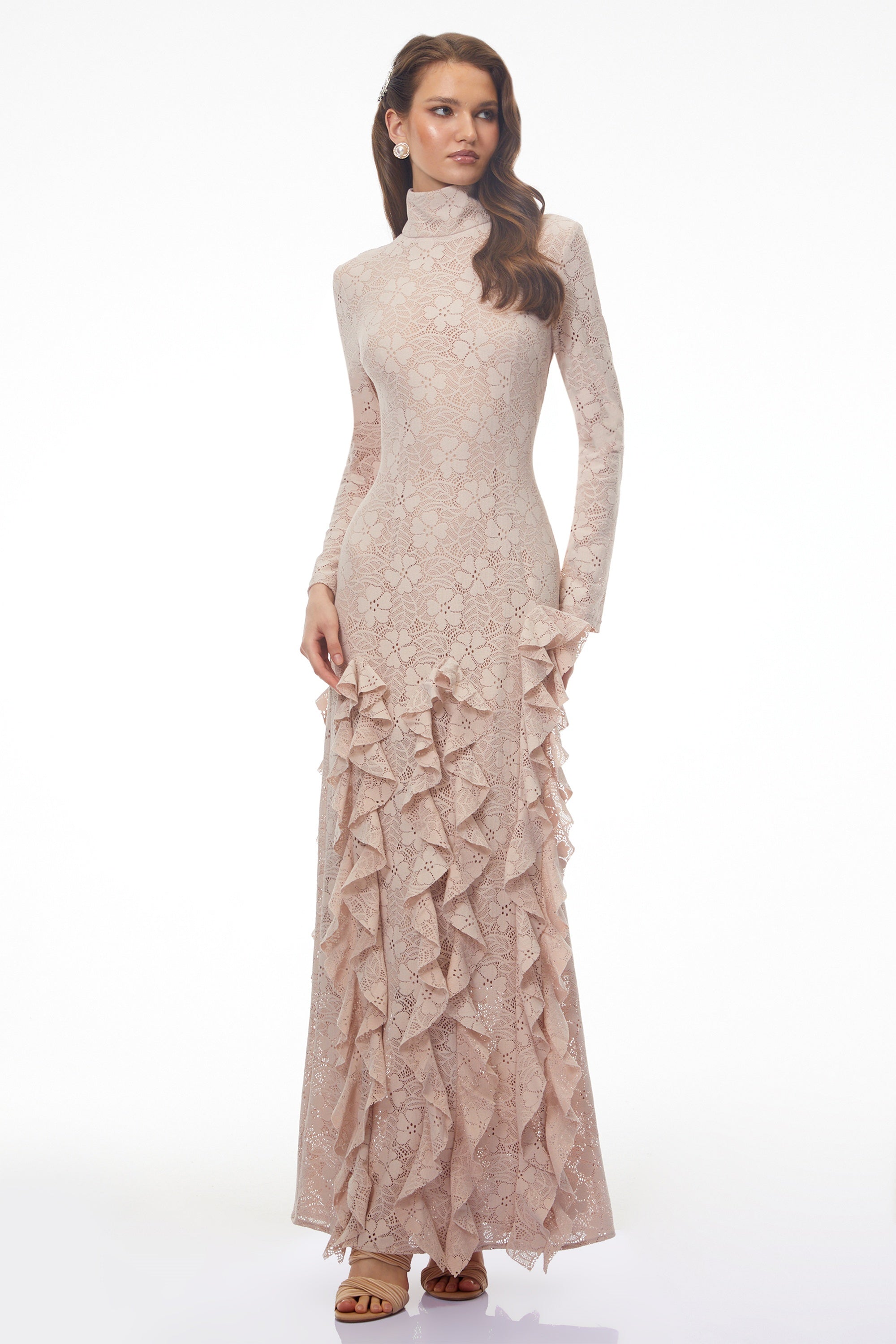 Yasemin Nude Floral Lace Ruffled Maxi Dress