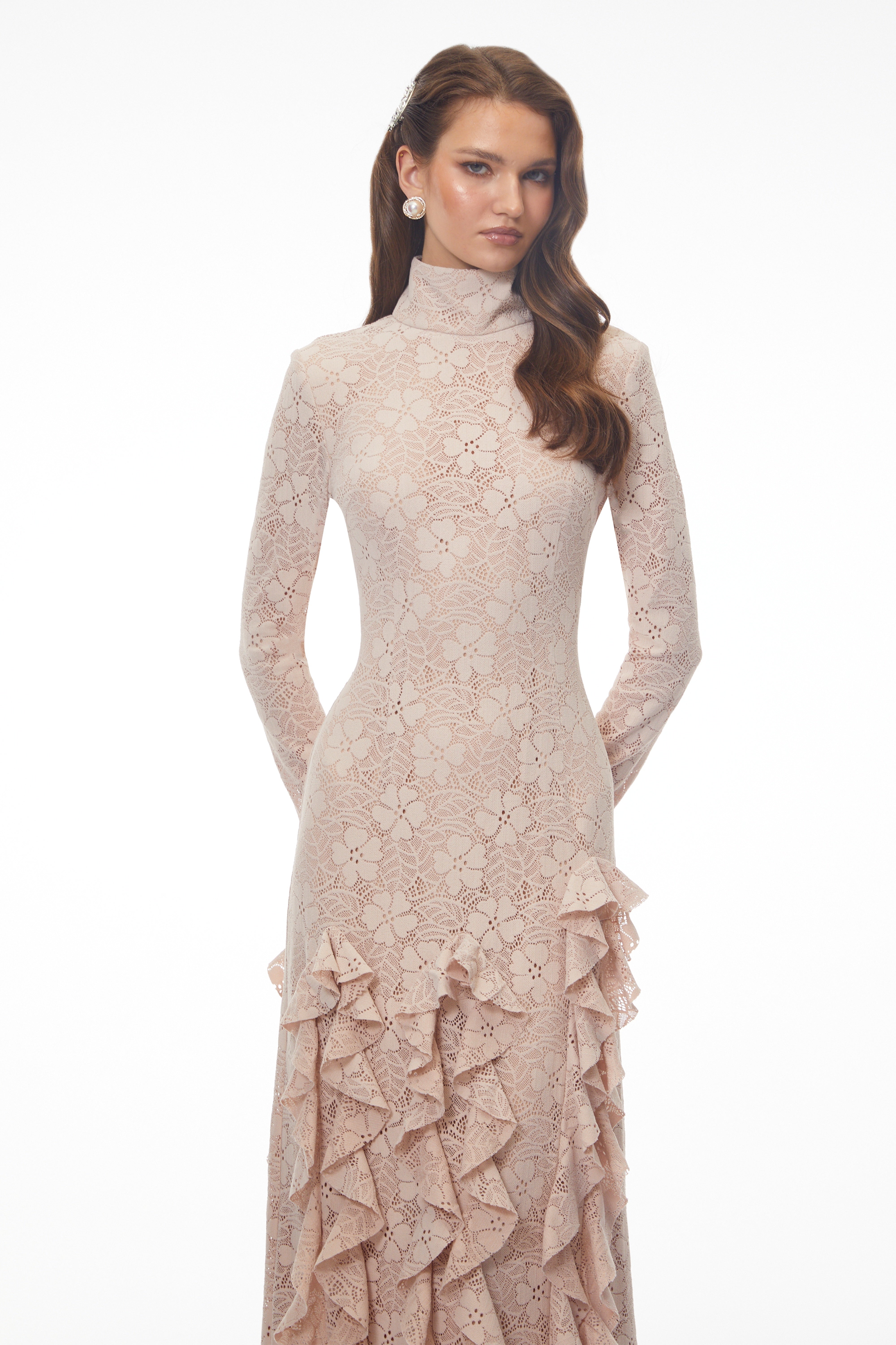 Yasemin Nude Floral Lace Ruffled Maxi Dress